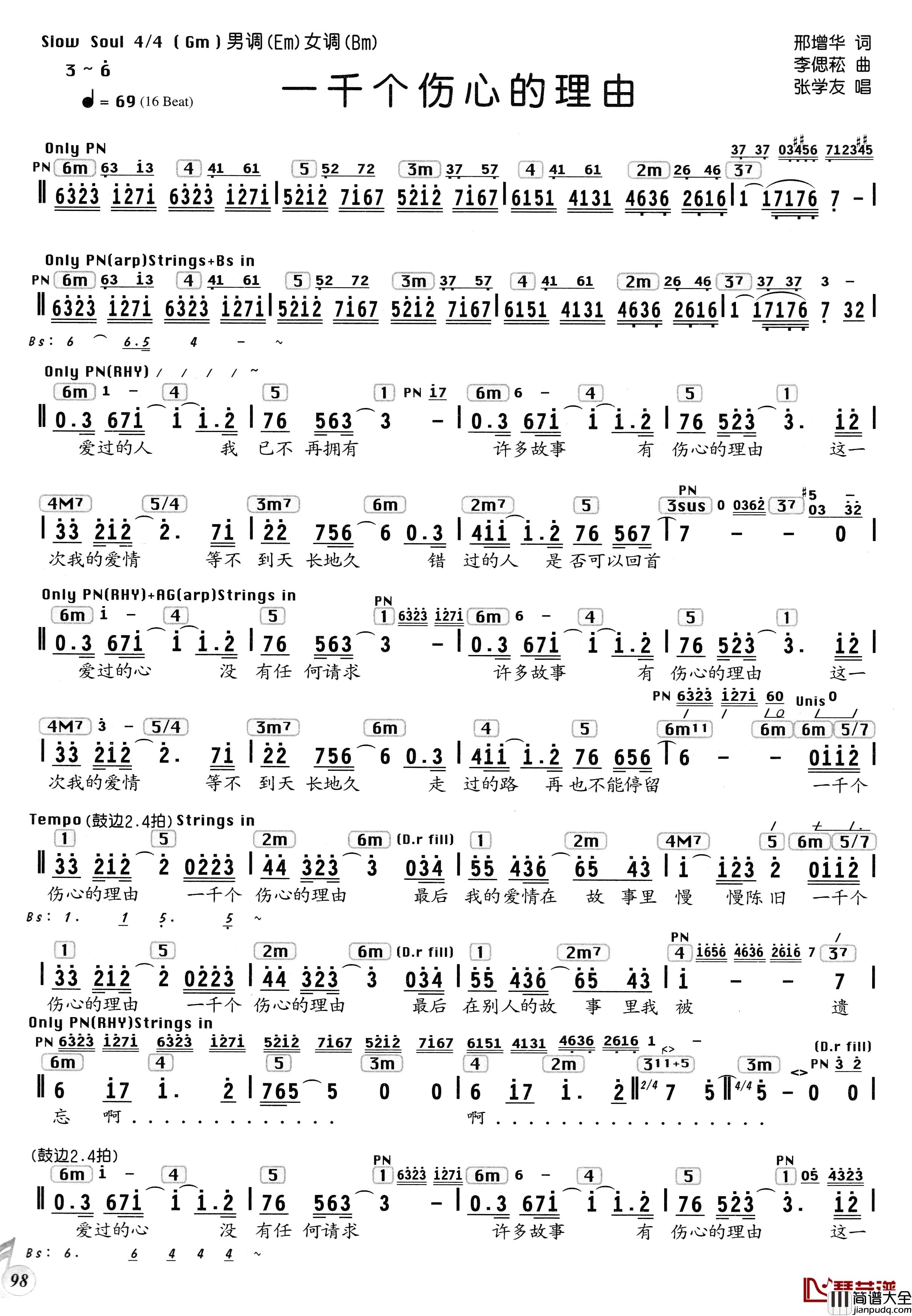 一千个伤心的理由简谱_编配乐谱_张学友