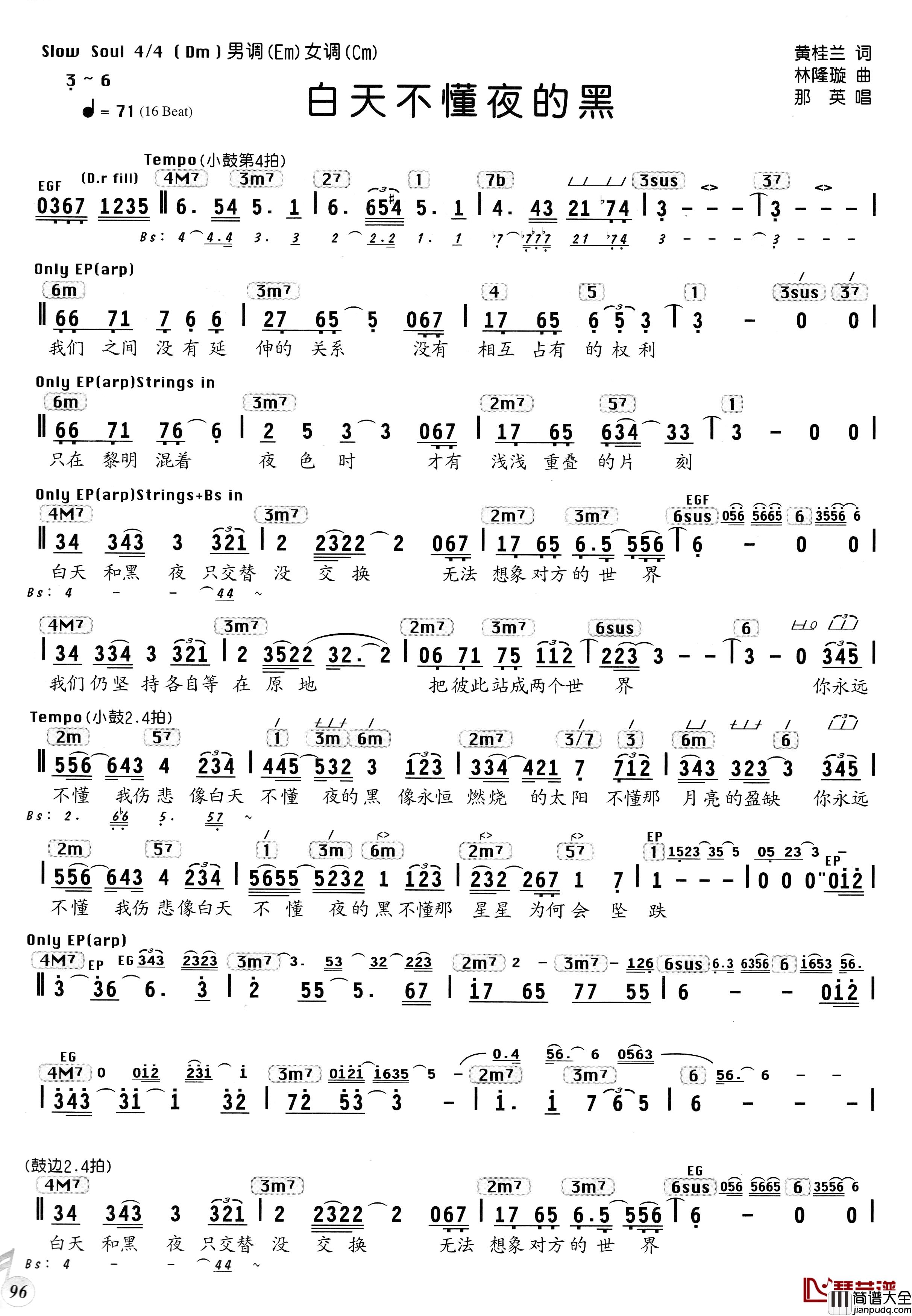 白天不懂夜的黑简谱_编配乐谱那英_