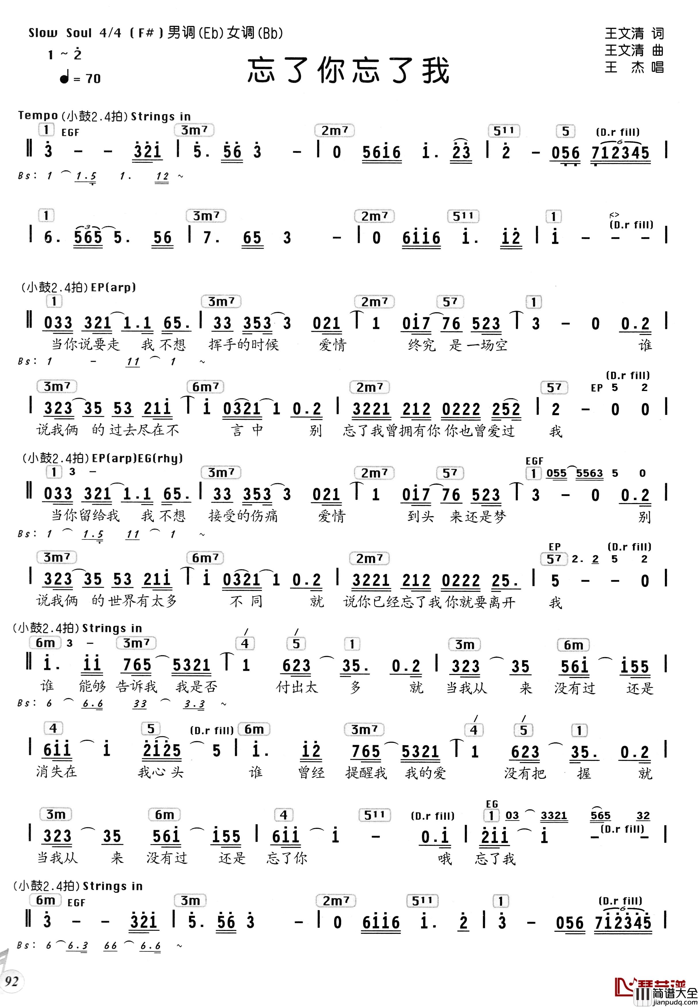 忘了你忘了我简谱_王文清词_王文清曲、编配乐谱王杰_