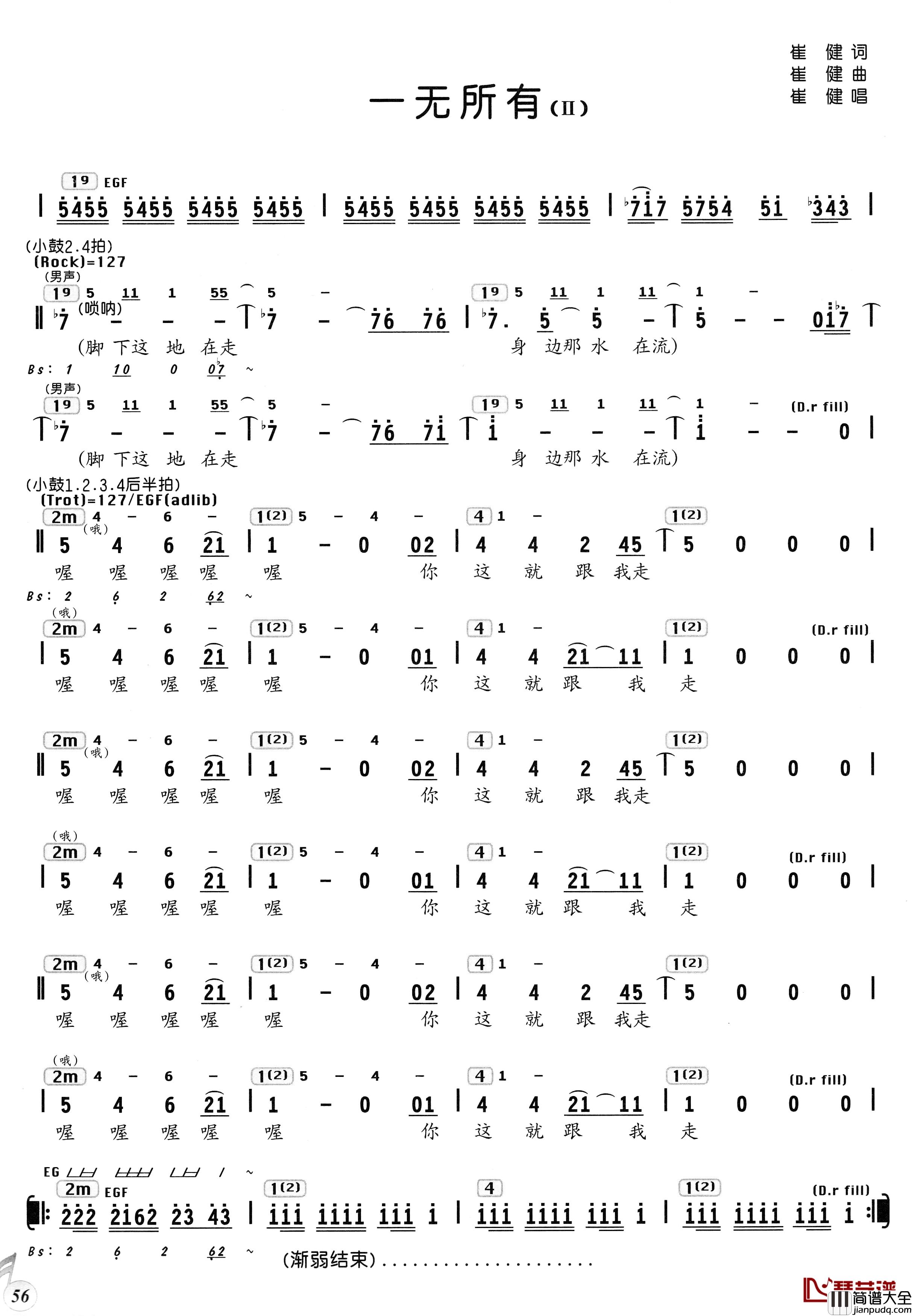 一无所有简谱_崔健演唱