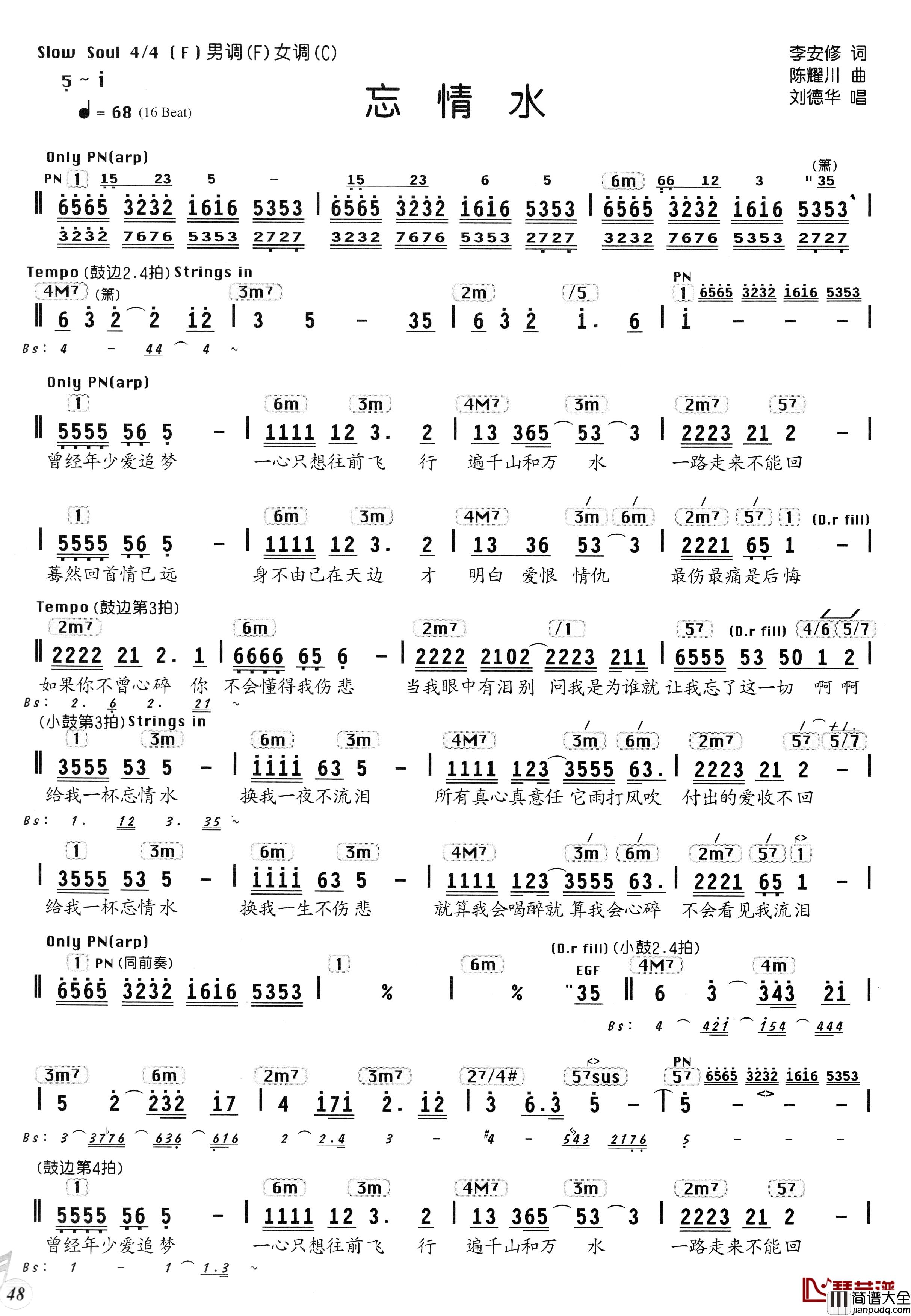 忘情水简谱_编配乐谱刘德华