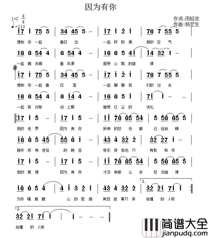 因为有你简谱_雨轻非词_杨宏生曲