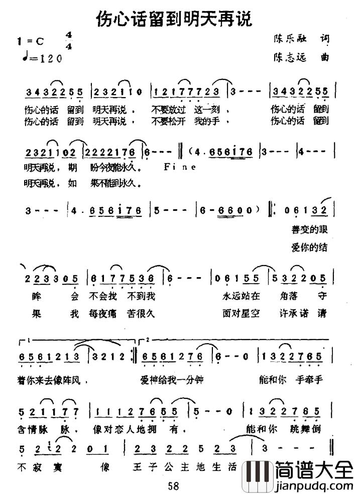 伤心话留到明天再说简谱_陈乐融词/陈志远曲