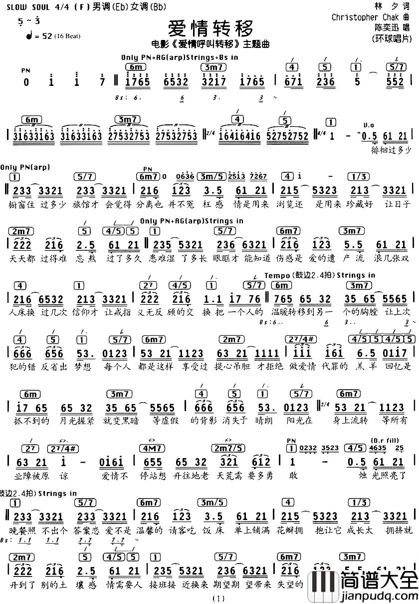 爱情转移简谱_编配乐谱陈奕迅_