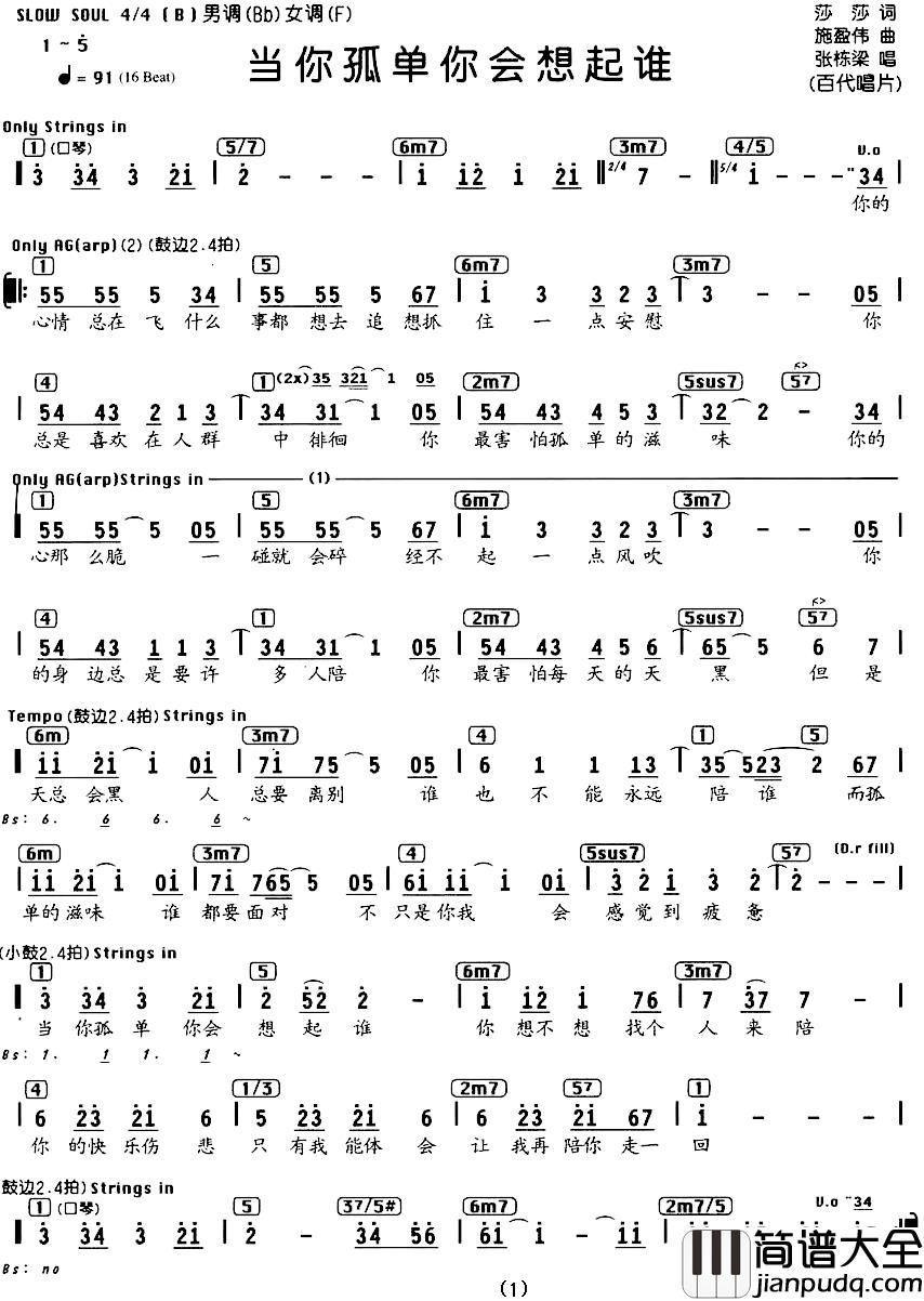 当你孤单你会想起谁简谱_编配乐谱张栋梁_