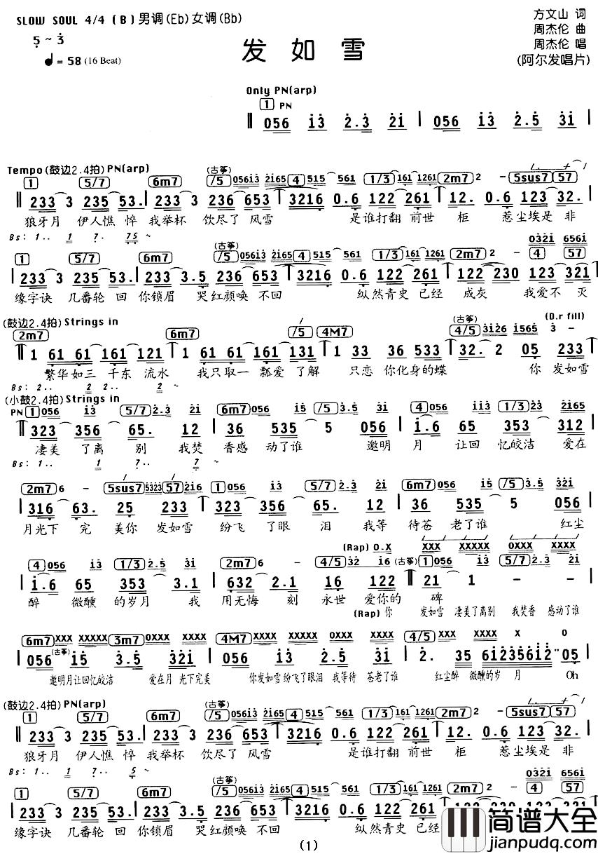 发如雪简谱_编配乐谱周杰伦_