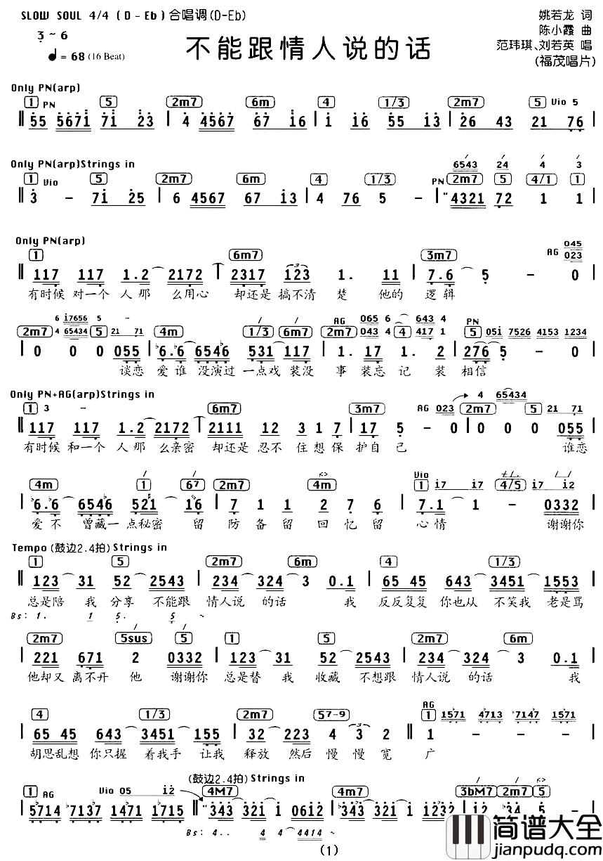 不能跟情人说的话简谱_编配乐谱范玮琪、刘若英_