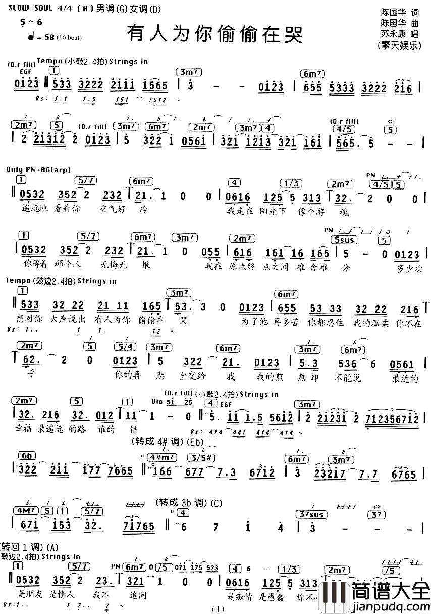 有人为你偷偷在哭简谱_编配乐谱苏永康_