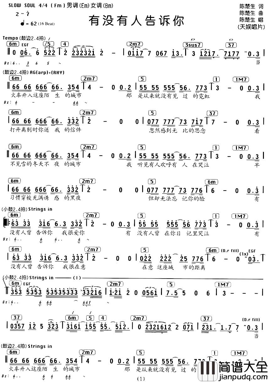 有没有人告诉你简谱_编配乐谱陈楚生_