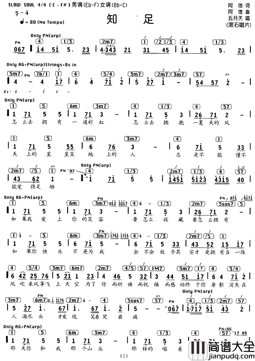 知足简谱_编配乐谱_五月天