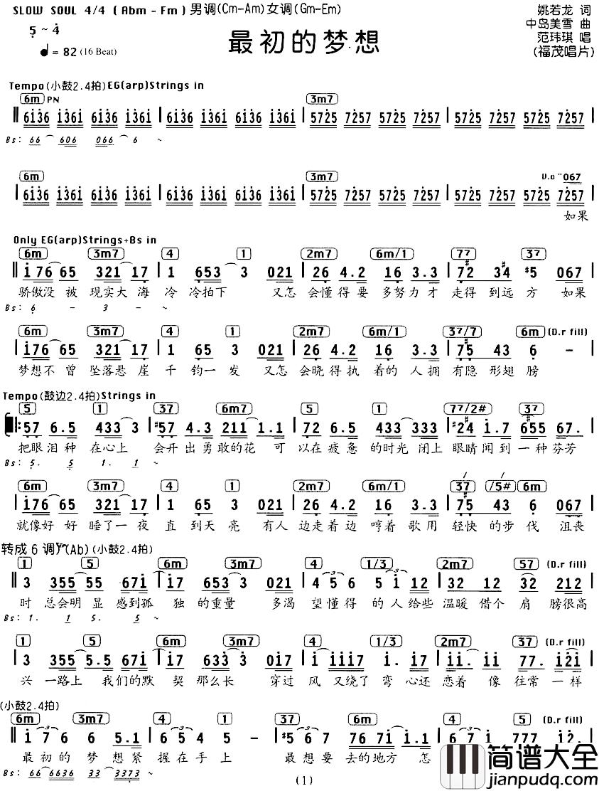 最初的梦想简谱_编配乐谱范玮琪_
