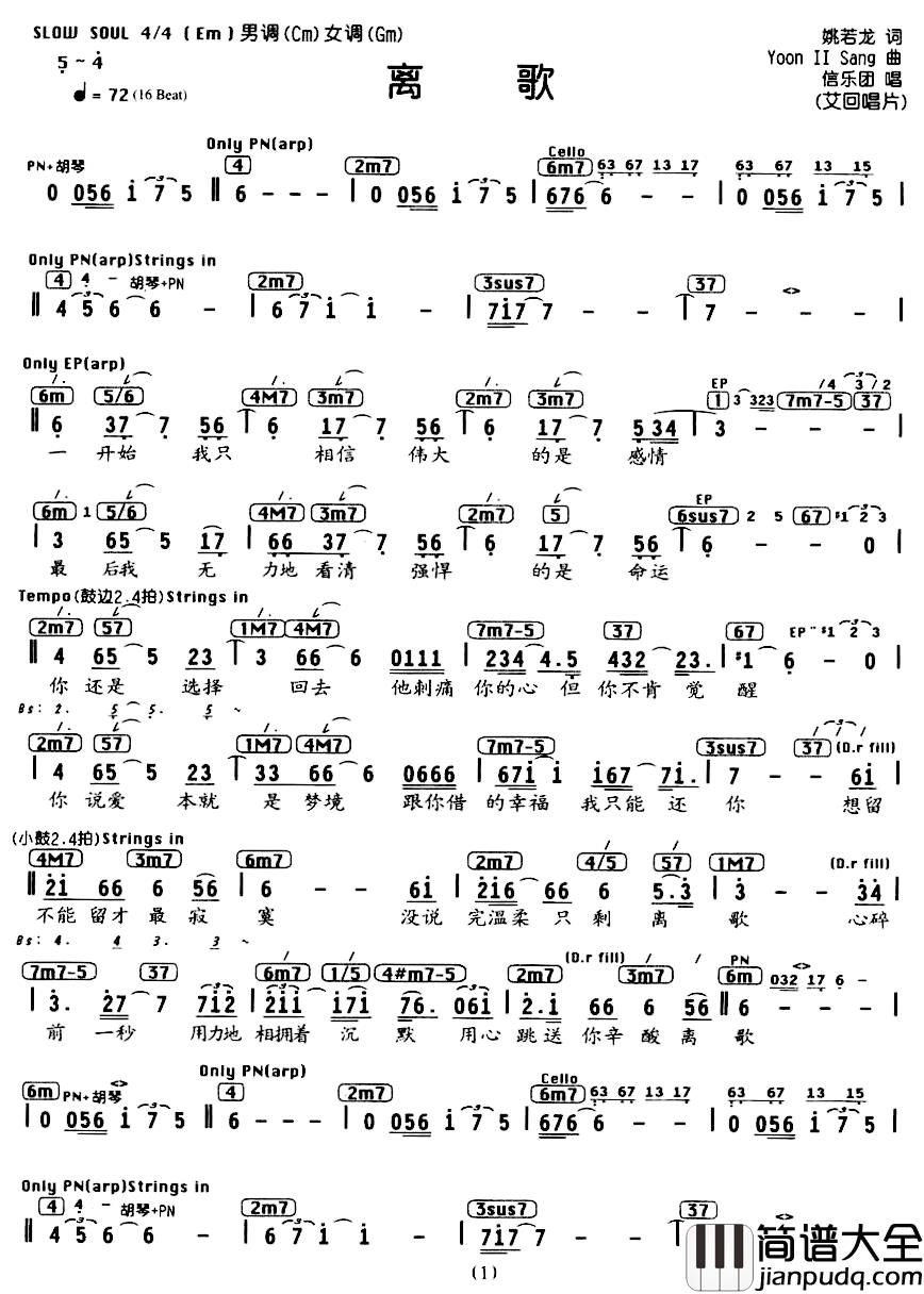 离歌简谱_姚若龙词_Yoon_Il_Sang曲信乐团_