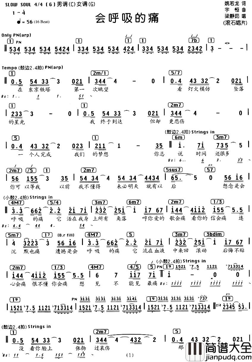 会呼吸的痛简谱_编配乐谱梁静茹