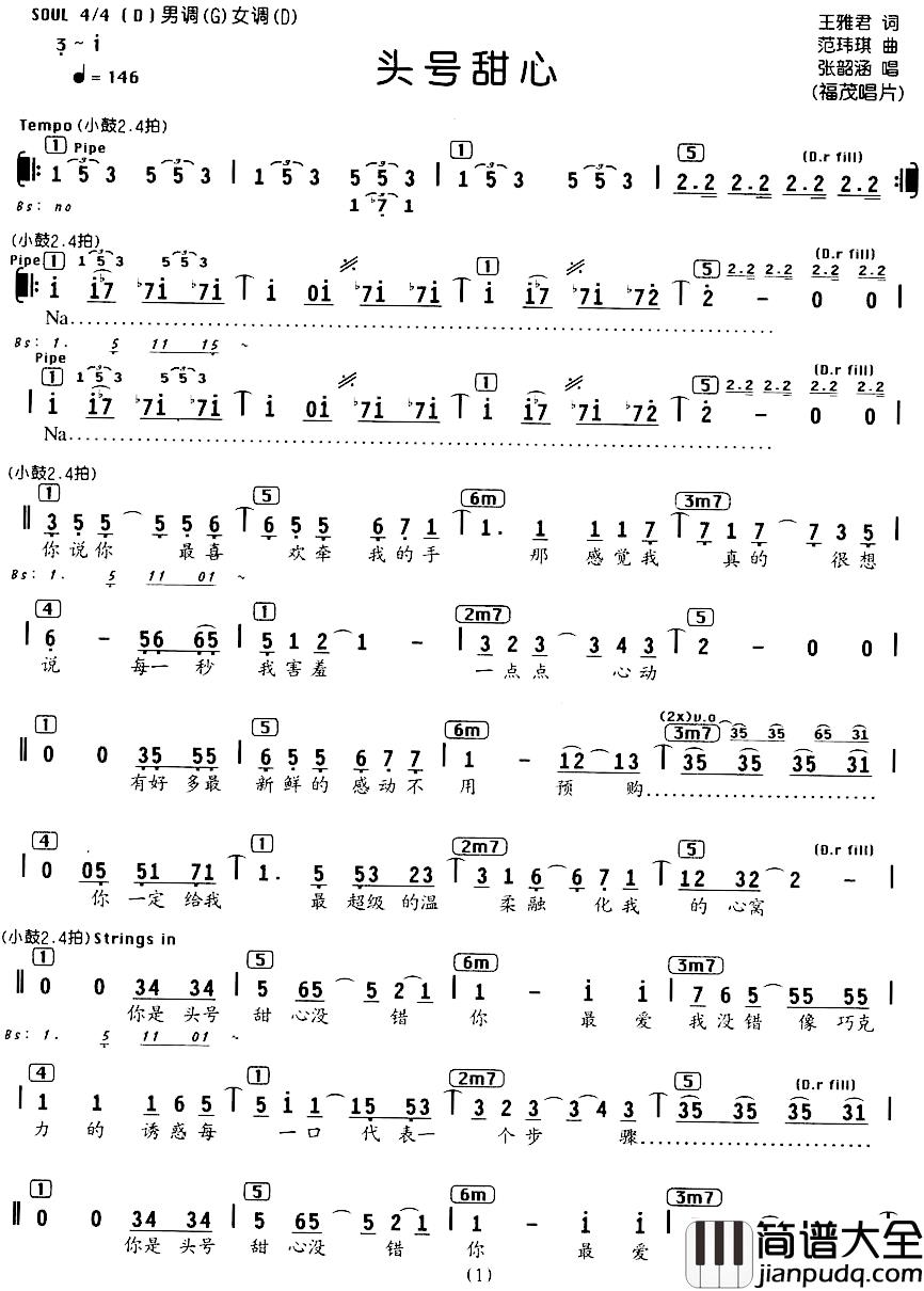 头号甜心简谱_编配乐谱张韶涵_