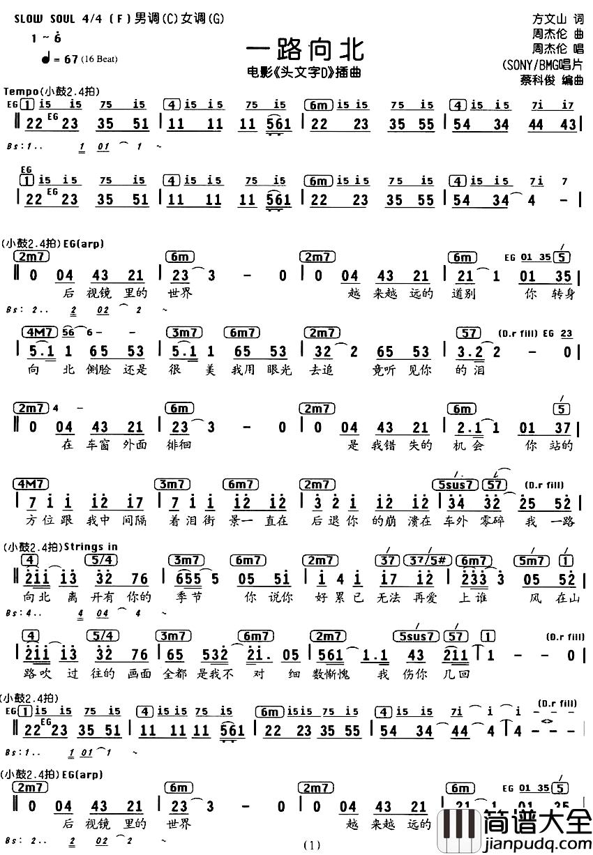 一路向北简谱_电影_头文字D_插曲、编配乐谱周杰伦_