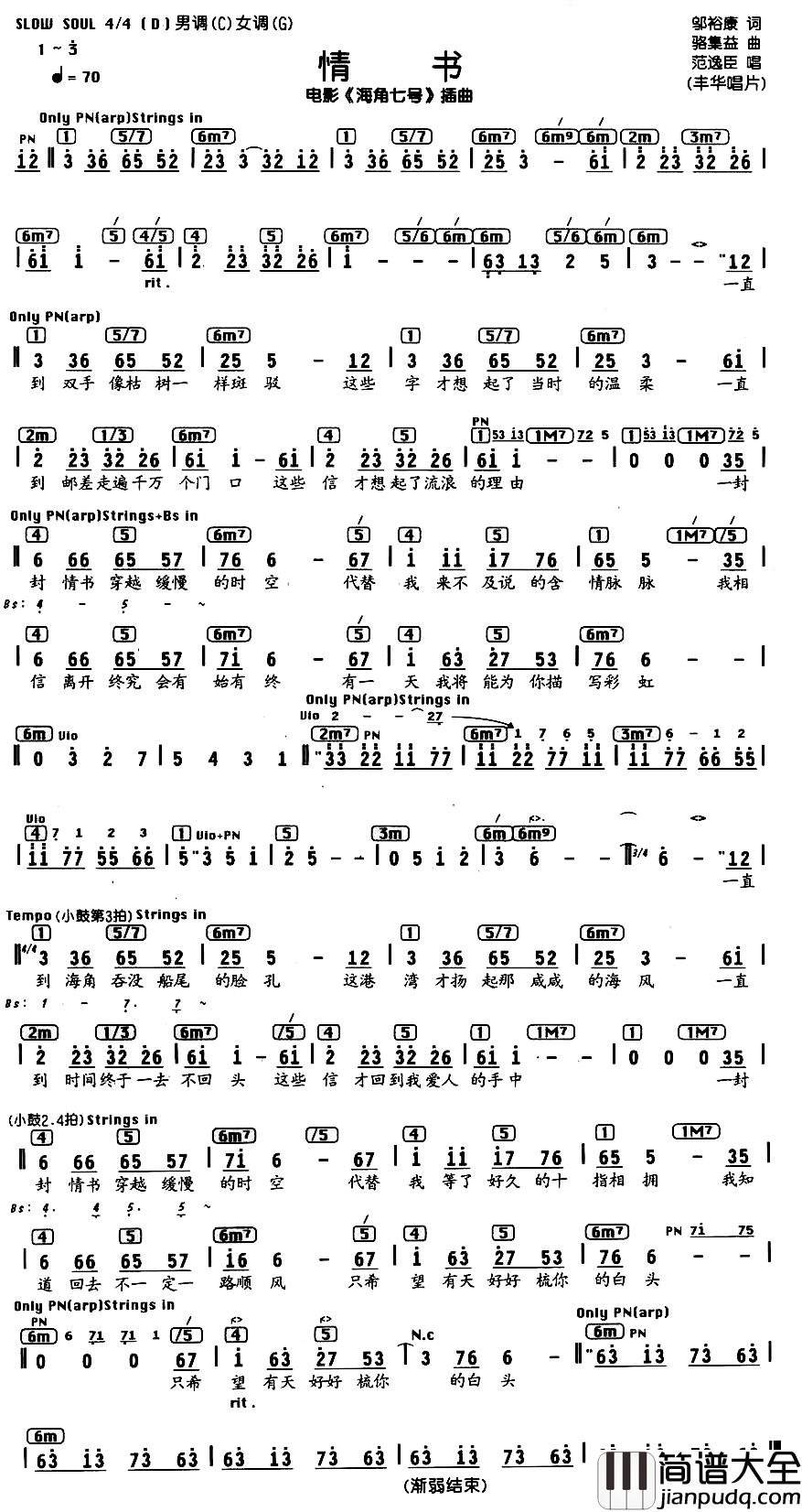 情书简谱_电影_海角七号_插曲、编配乐谱范逸臣_