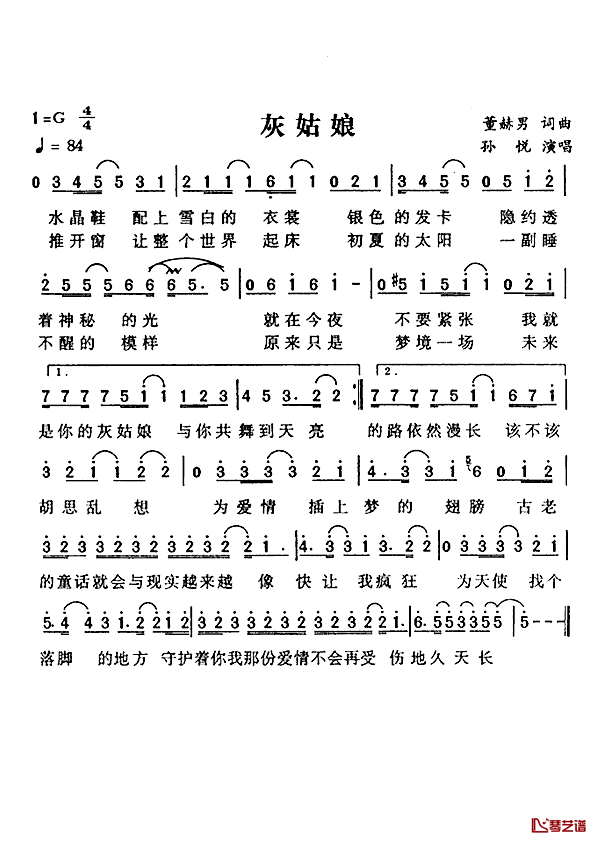 灰姑娘简谱_孙悦演唱版孙悦_