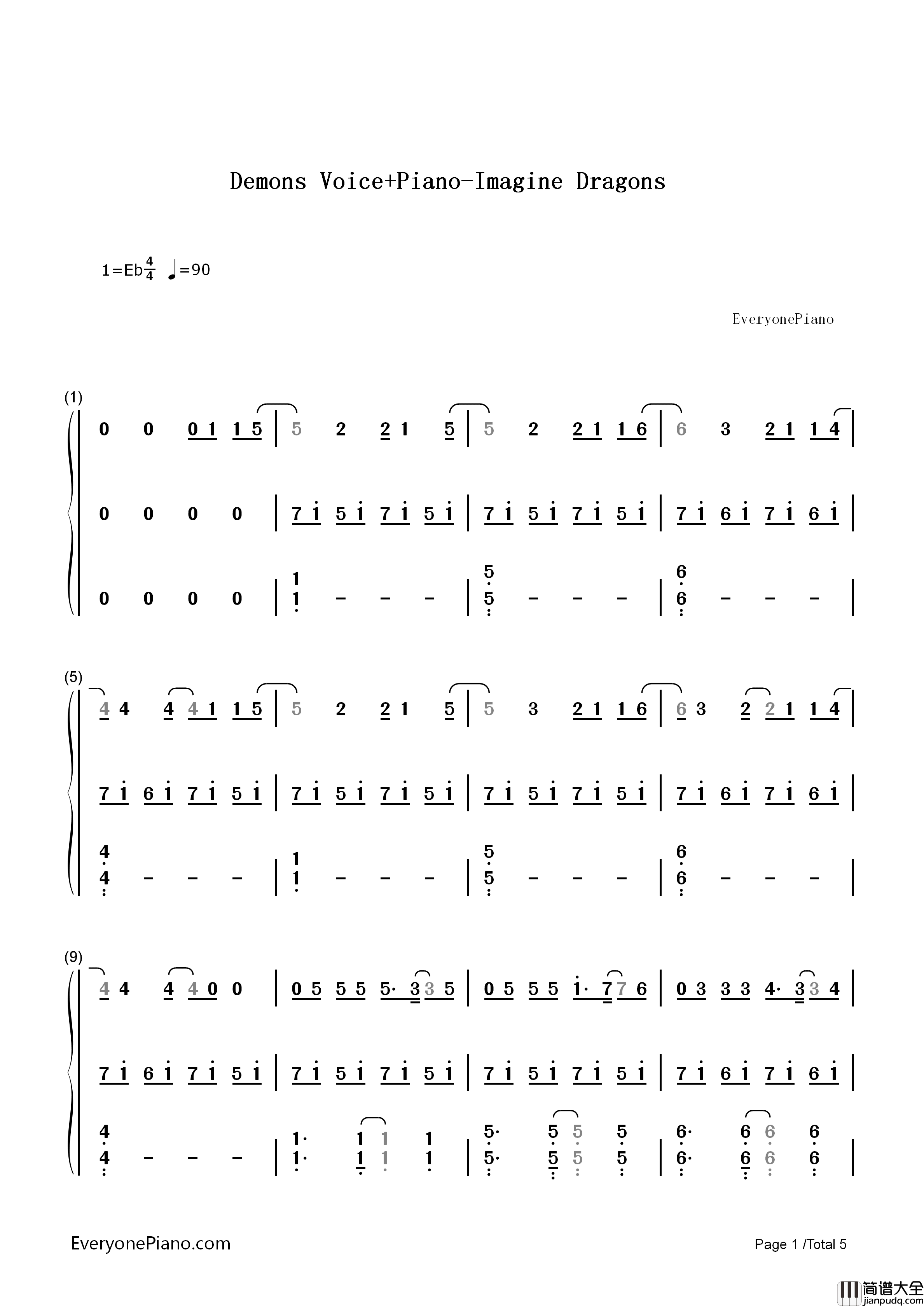 Demons_弹唱版钢琴简谱_Imagine_Dragons演唱