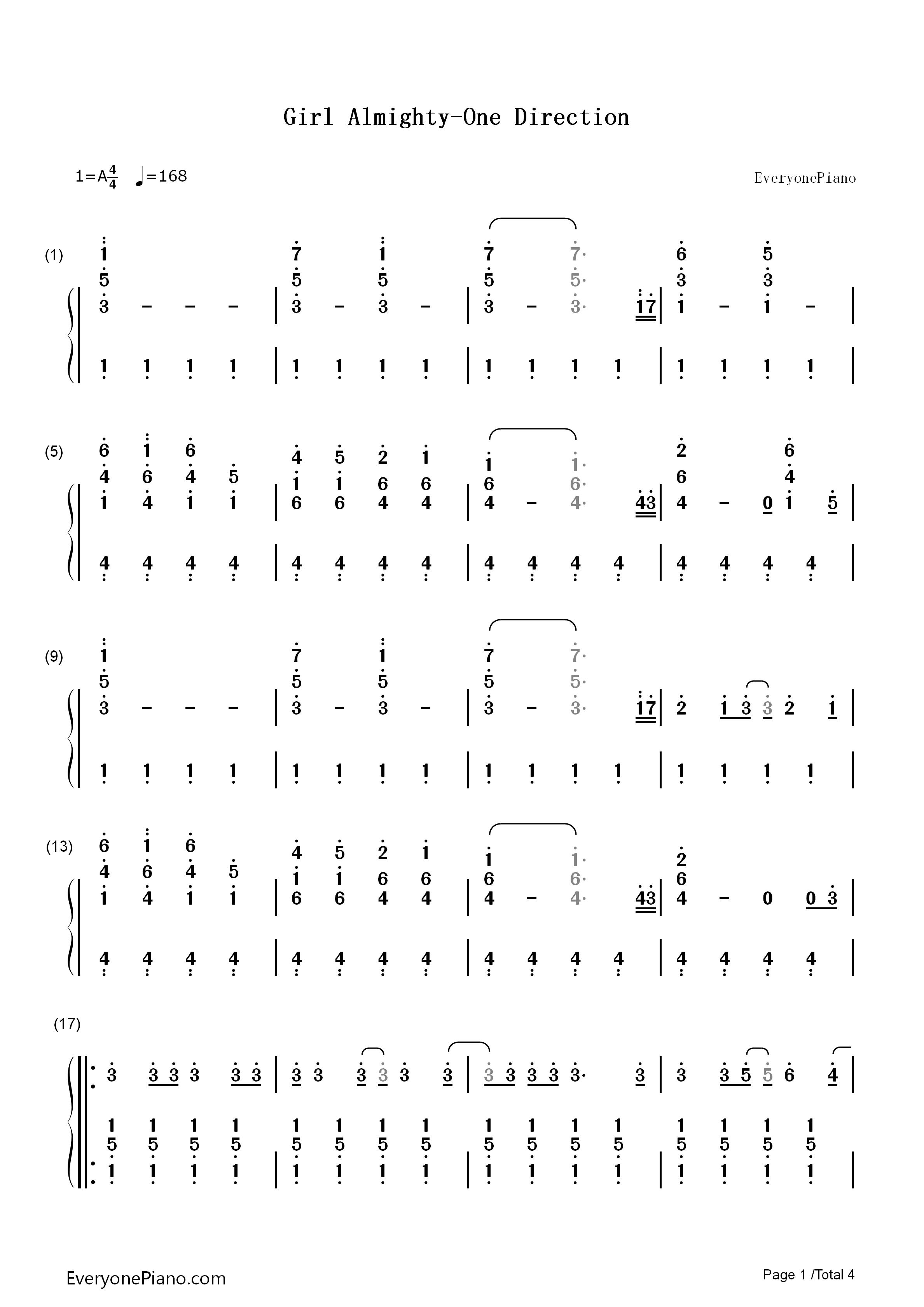 Girl_Almighty钢琴简谱_One_Direction演唱