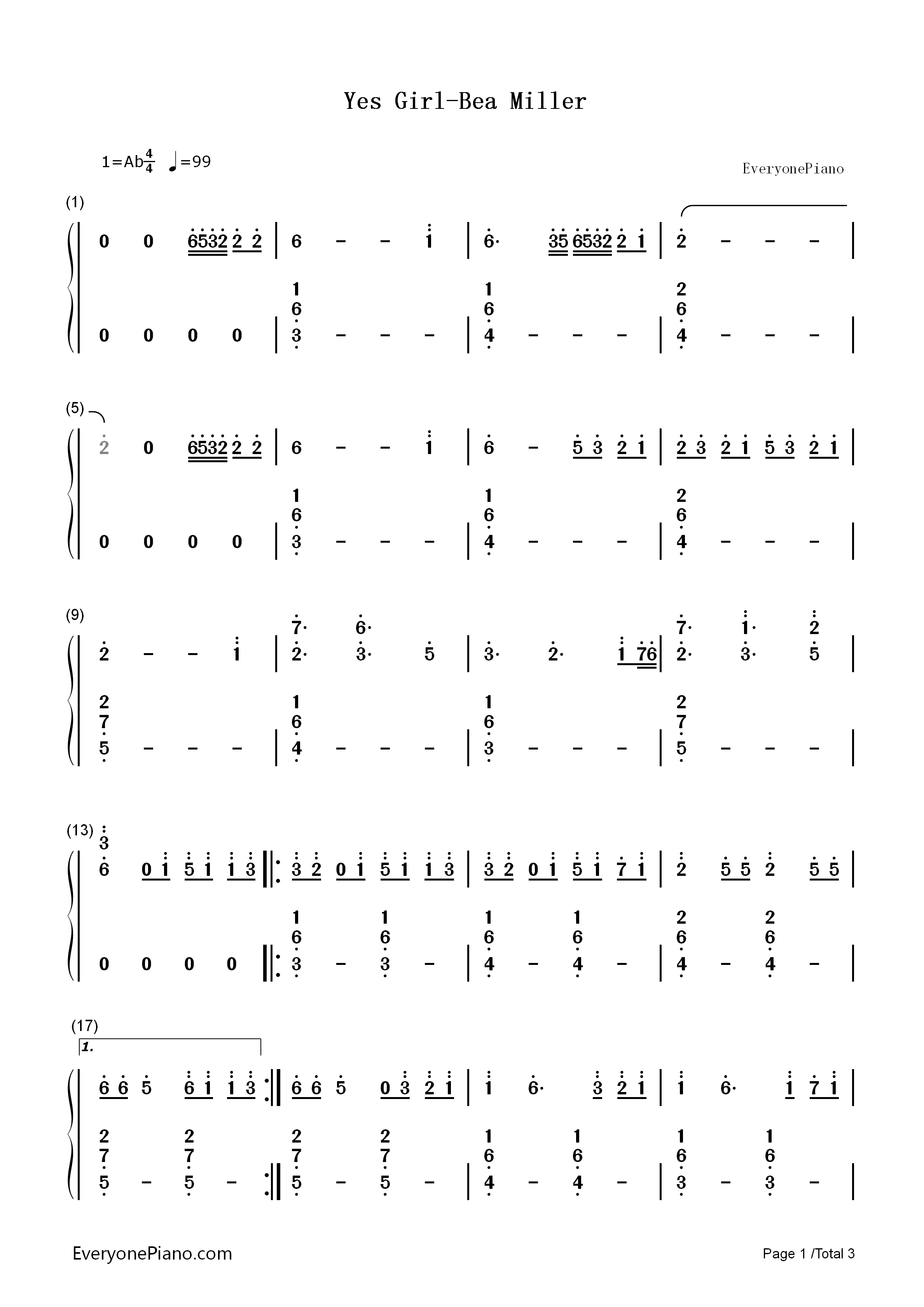 Yes_Girl钢琴简谱_Bea_Miller演唱