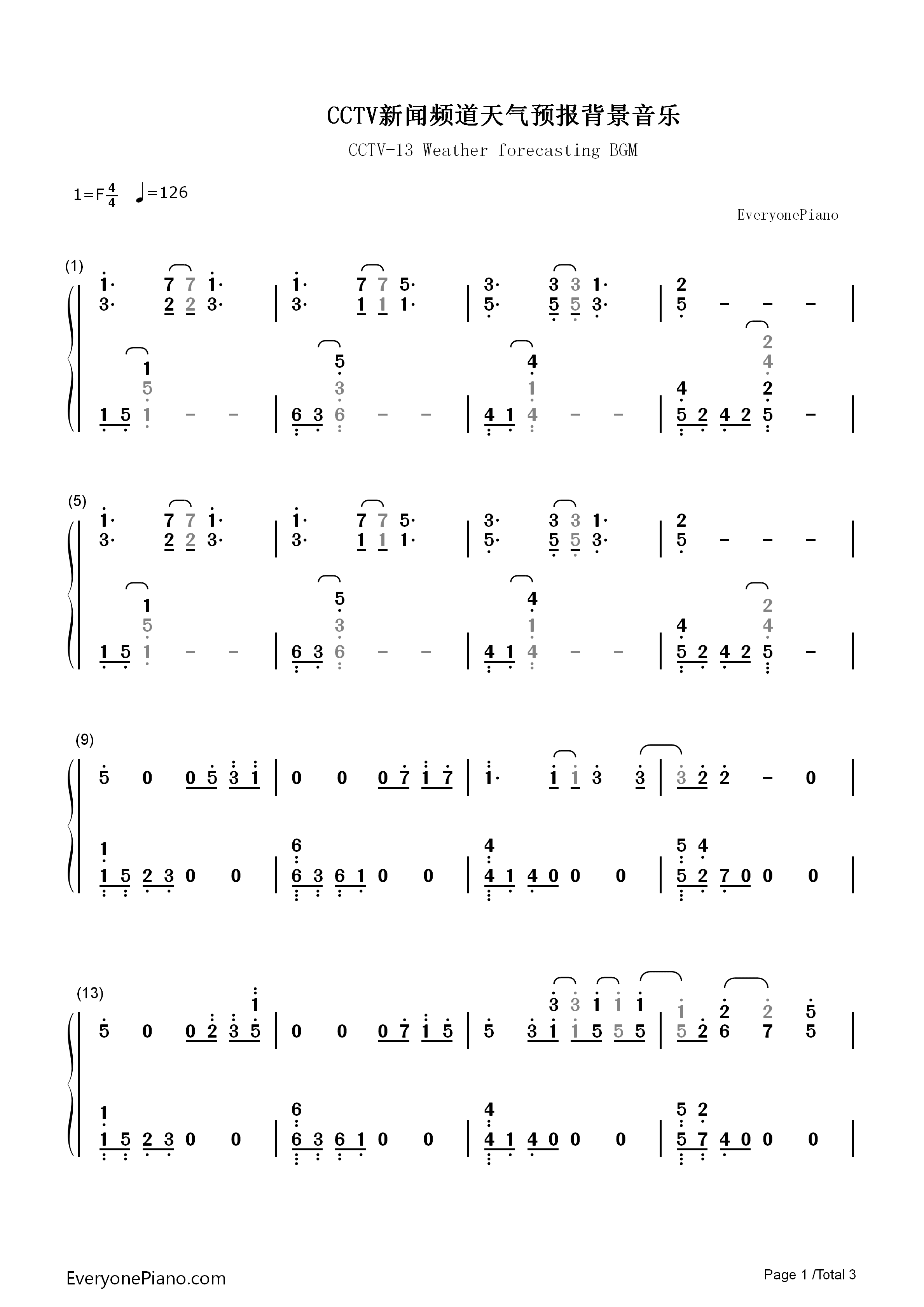 CCTV新闻频道天气预报背景音乐钢琴简谱_未知演唱