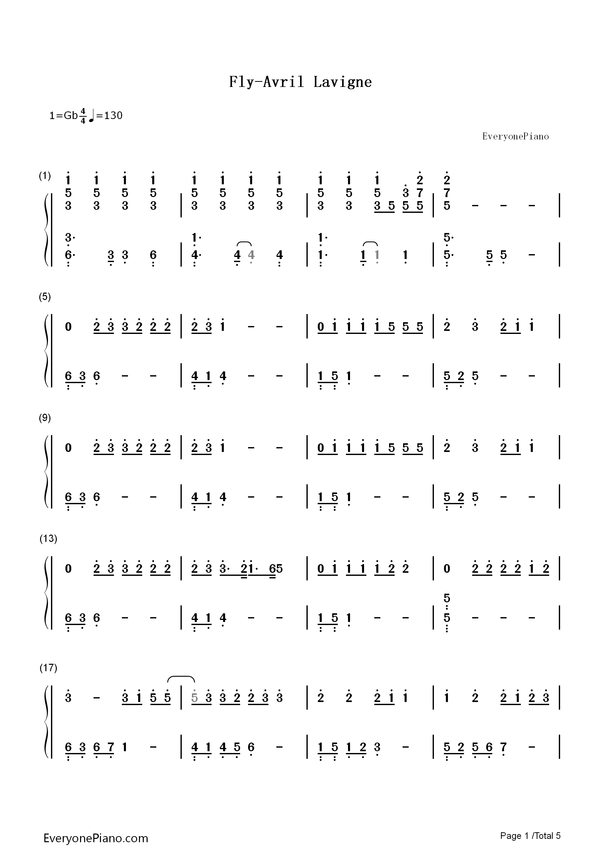 Fly钢琴简谱_Avril_Lavigne演唱