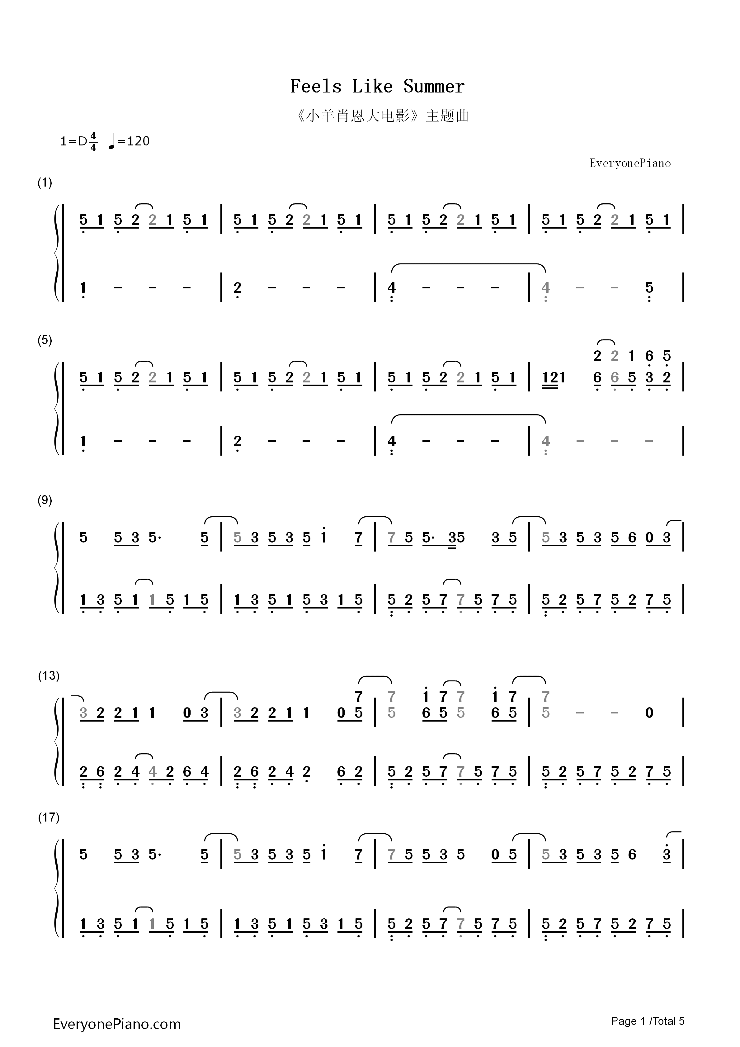 Feels_Like_Summer钢琴简谱_Tim_Wheeler演唱