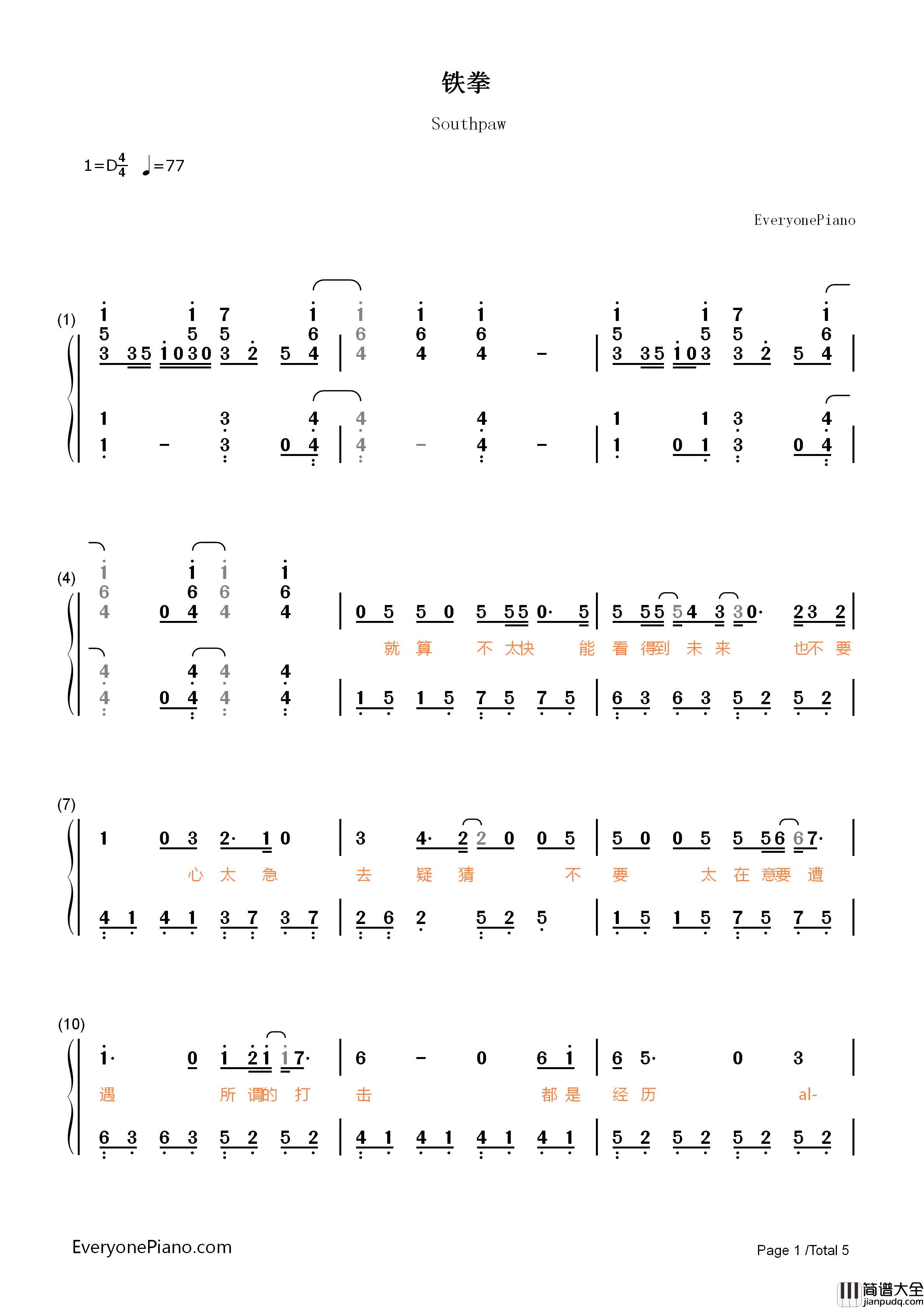 铁拳钢琴简谱_筷子兄弟演唱