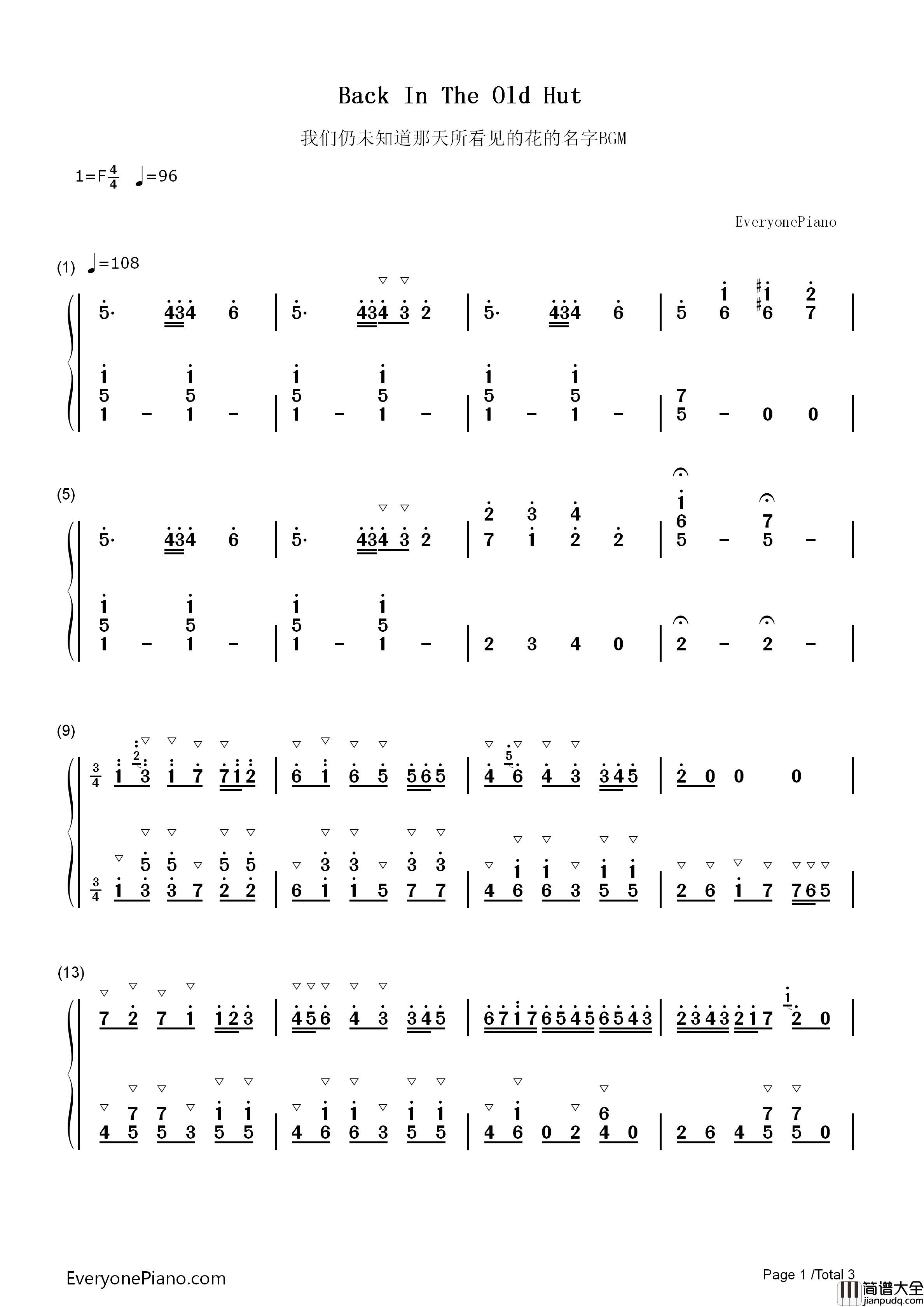 Back_In_The_Old_Hut钢琴简谱_Remedios演唱