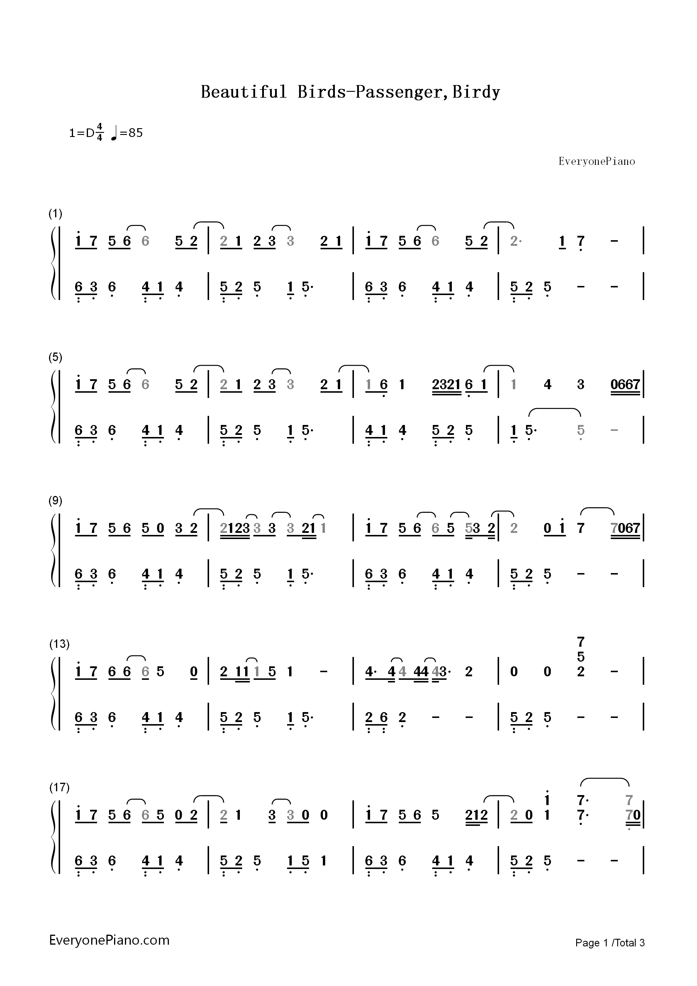 Beautiful_Birds钢琴简谱_Passenger_Birdy演唱