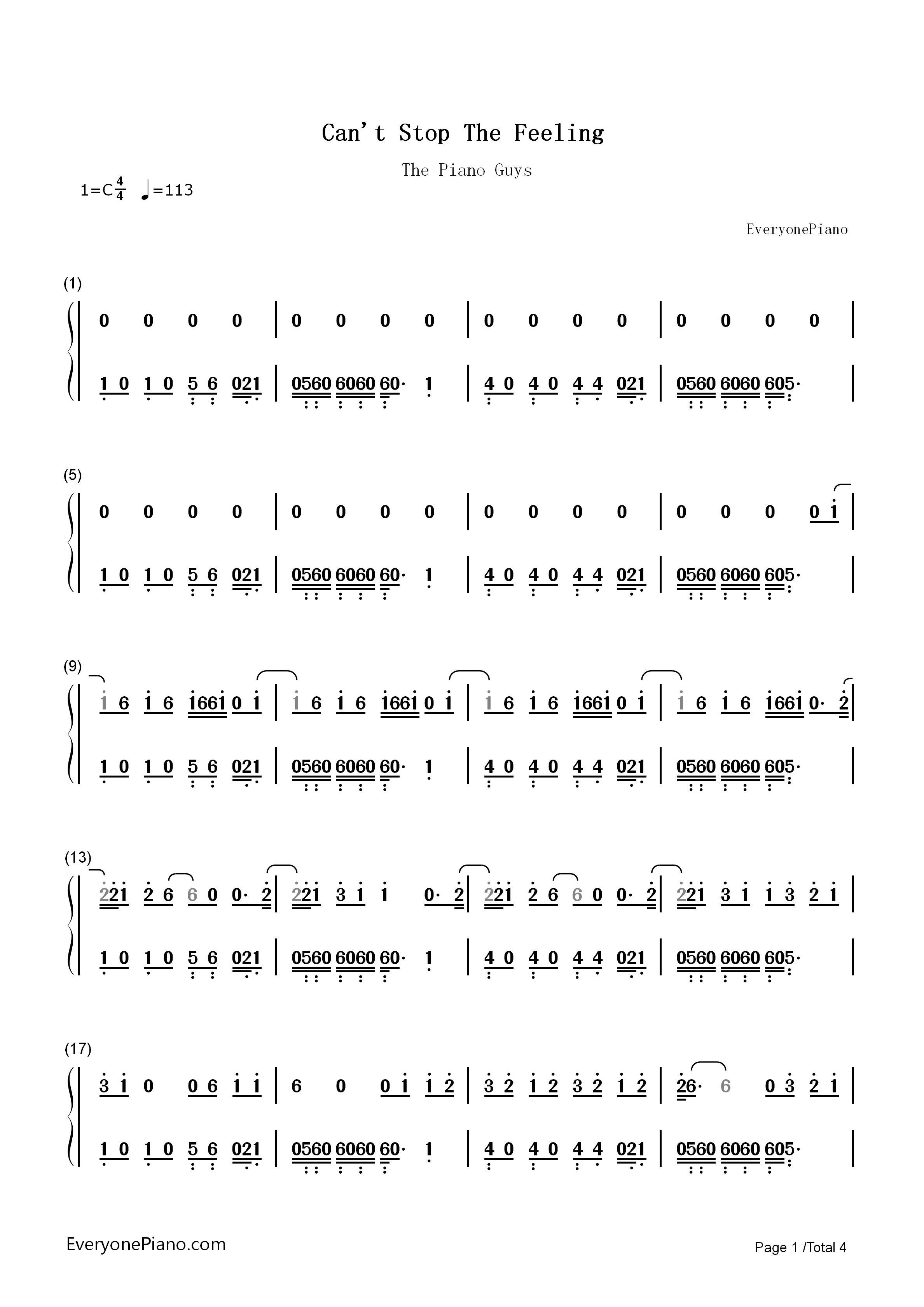 Can't_Stop_The_Feeling钢琴简谱_The_Piano_Guys演唱