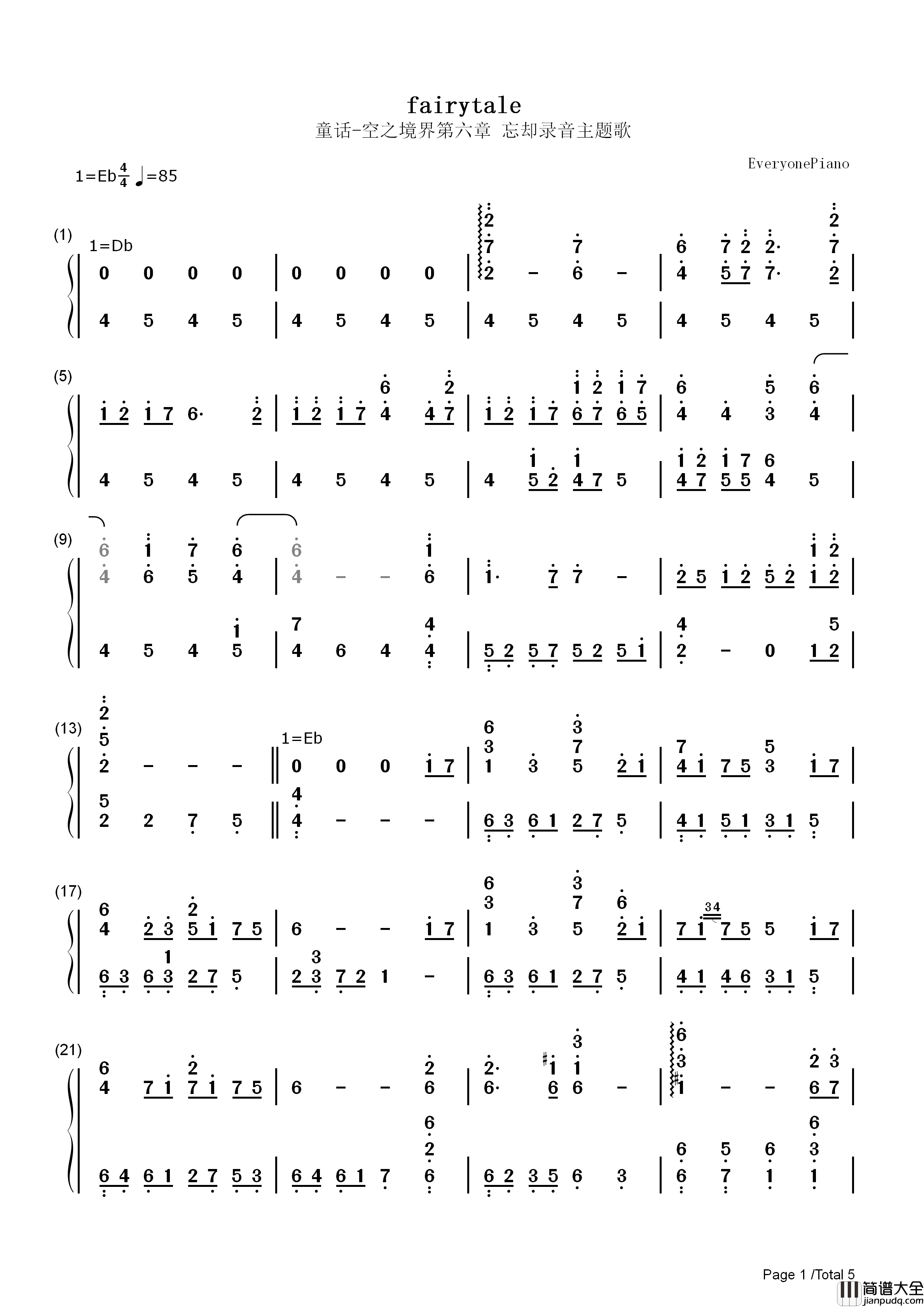 Fairytale钢琴简谱_Kalafina演唱