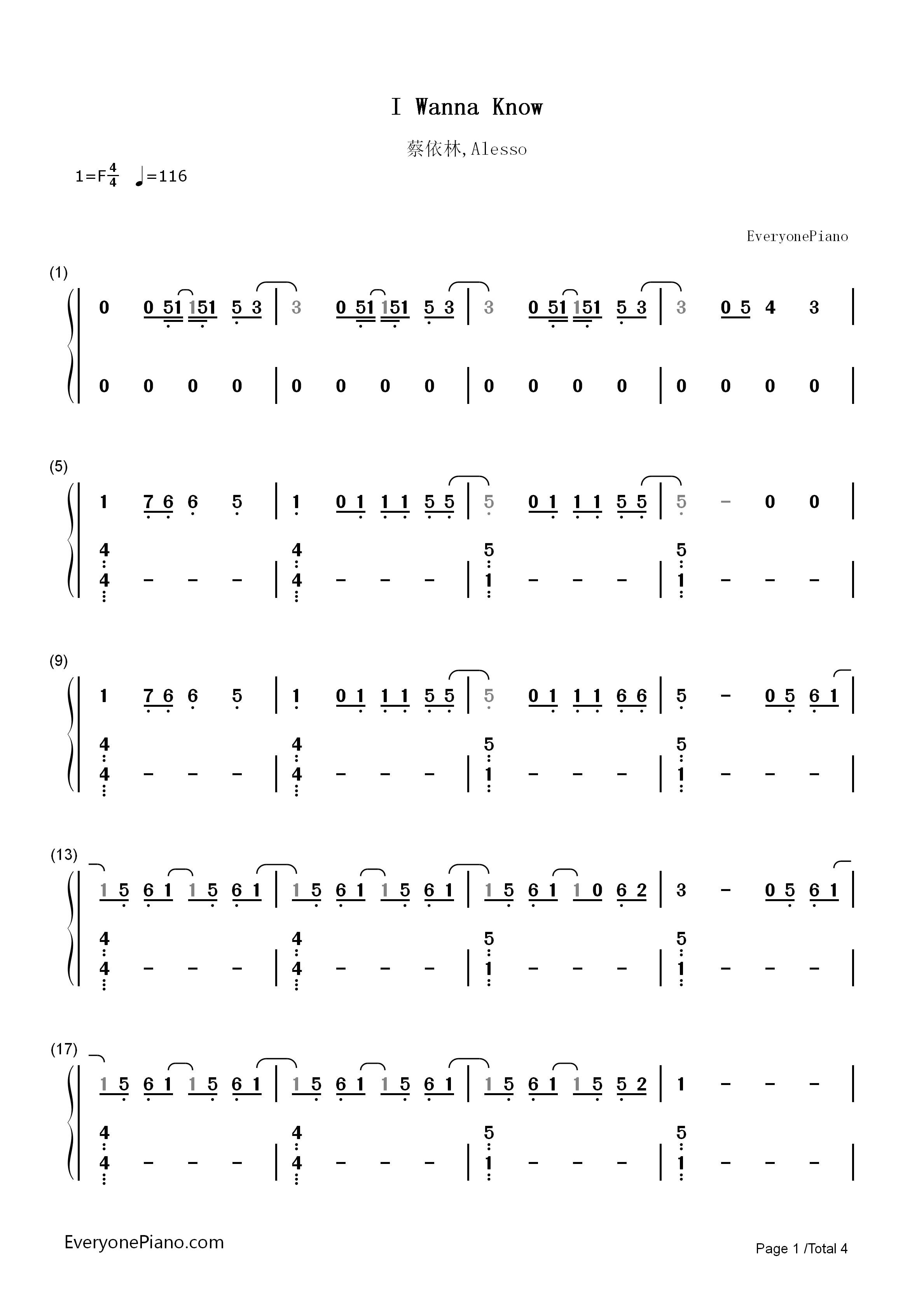 I_Wanna_Know钢琴简谱_蔡依林_Alesso演唱