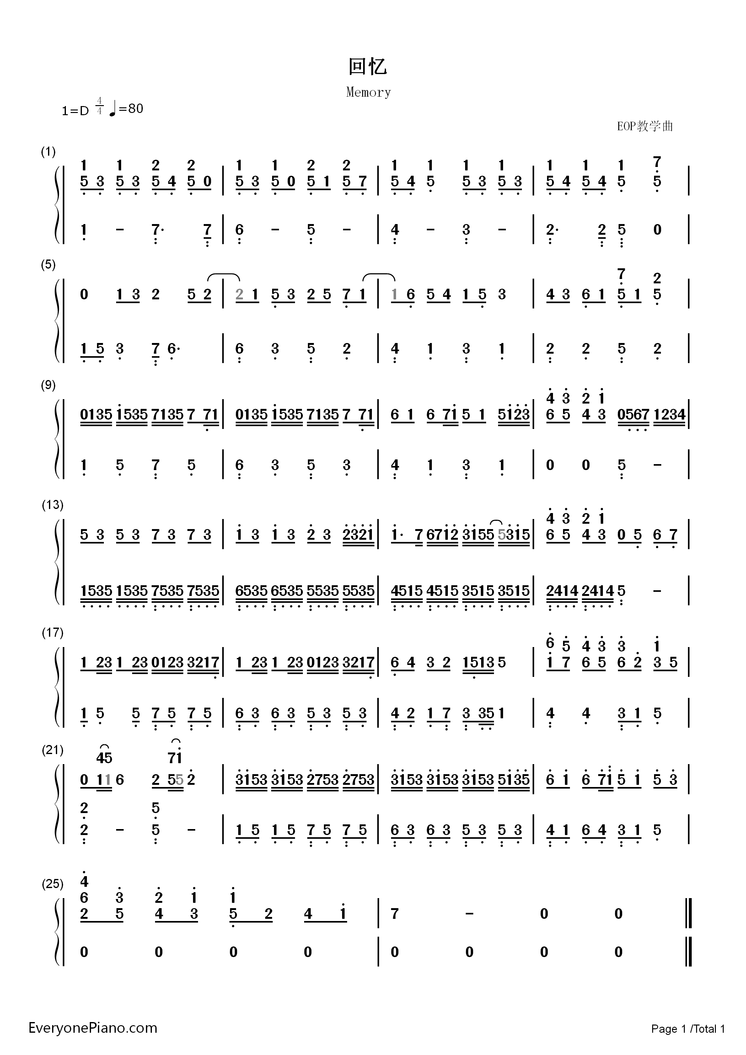 回忆钢琴简谱_未知演唱