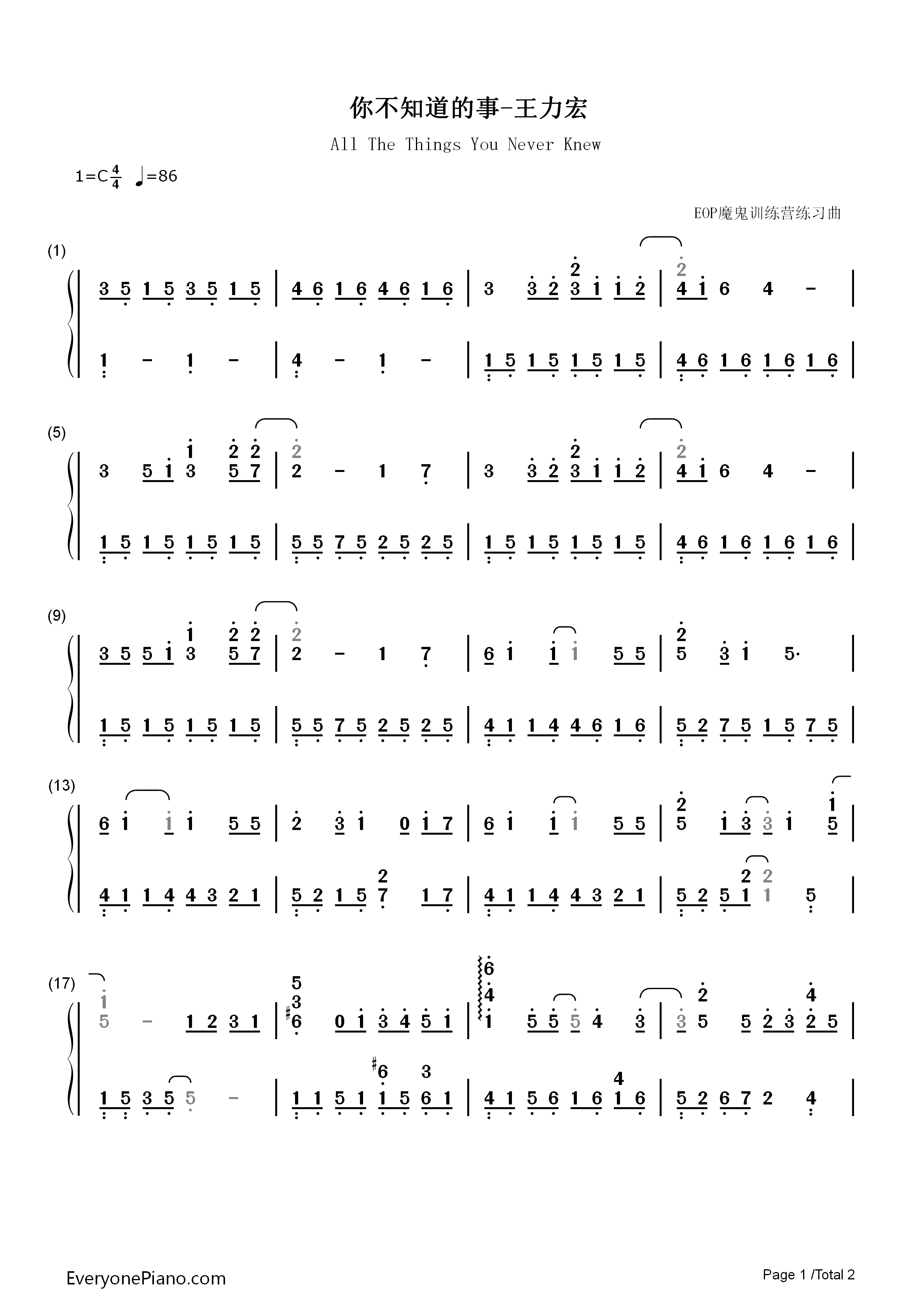 你不知道的事钢琴简谱_王力宏演唱