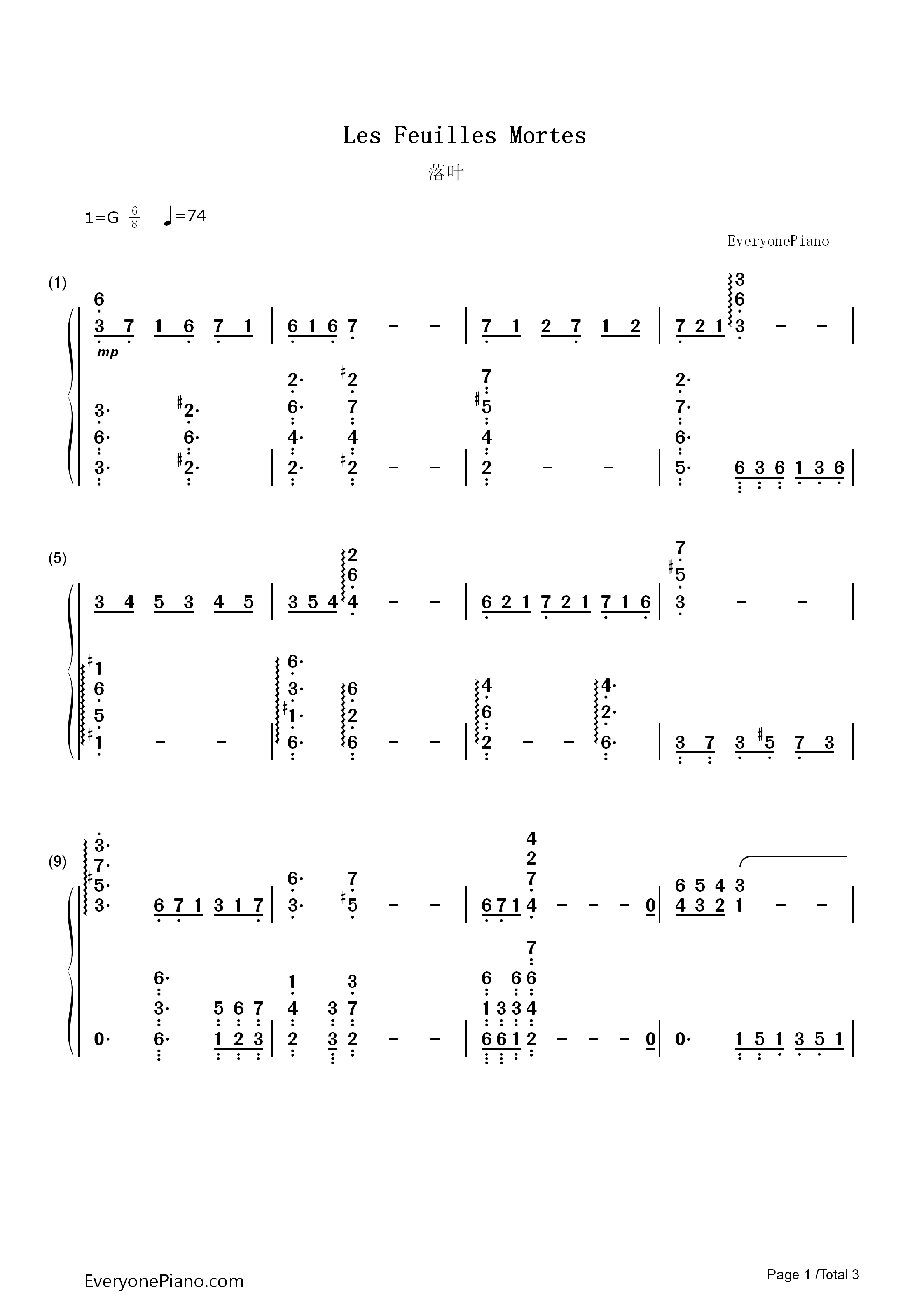 落叶_Les_Feuilles_Mortes钢琴简谱_理查德克莱德曼演唱