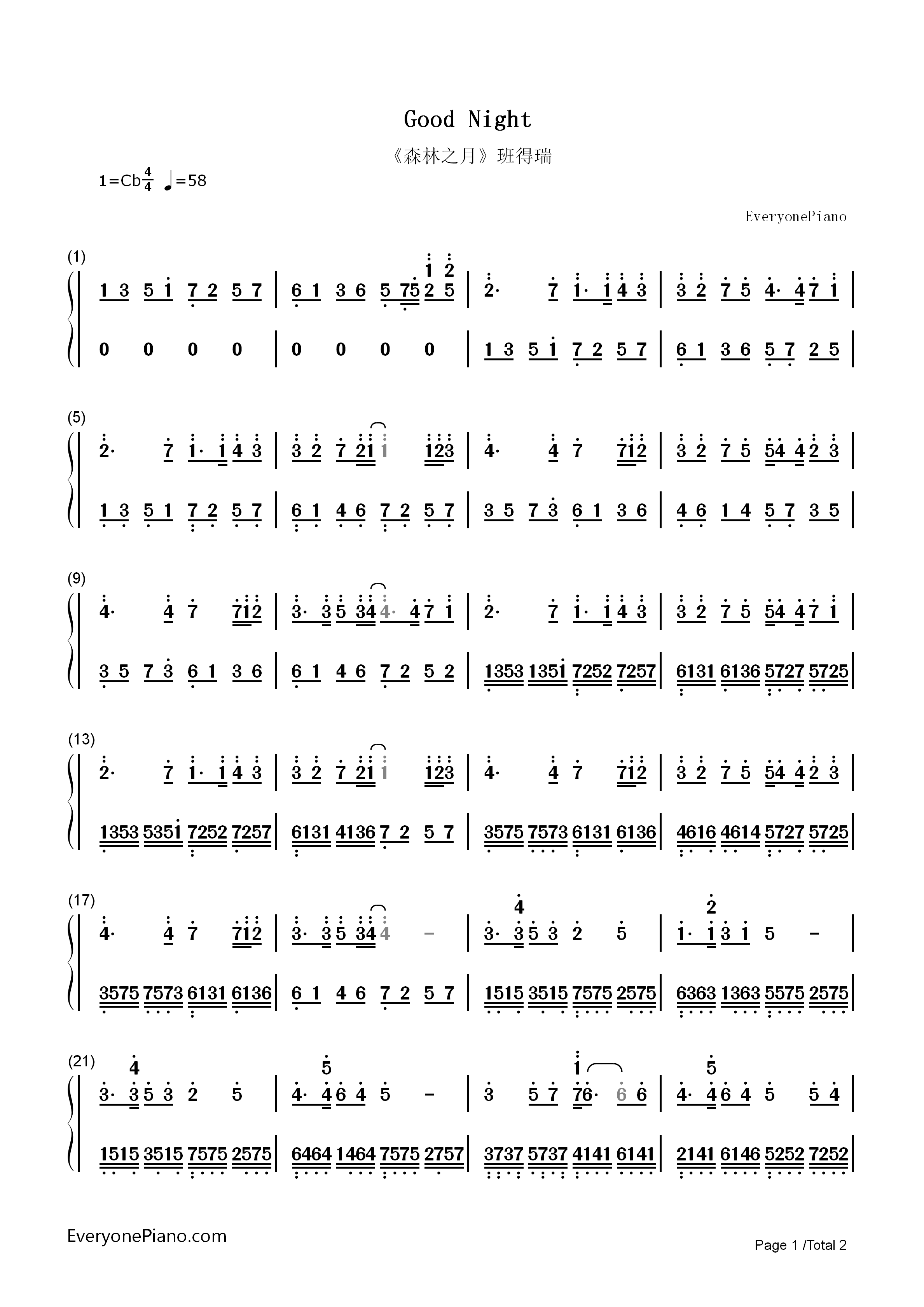 Good_Night钢琴简谱_班得瑞演唱