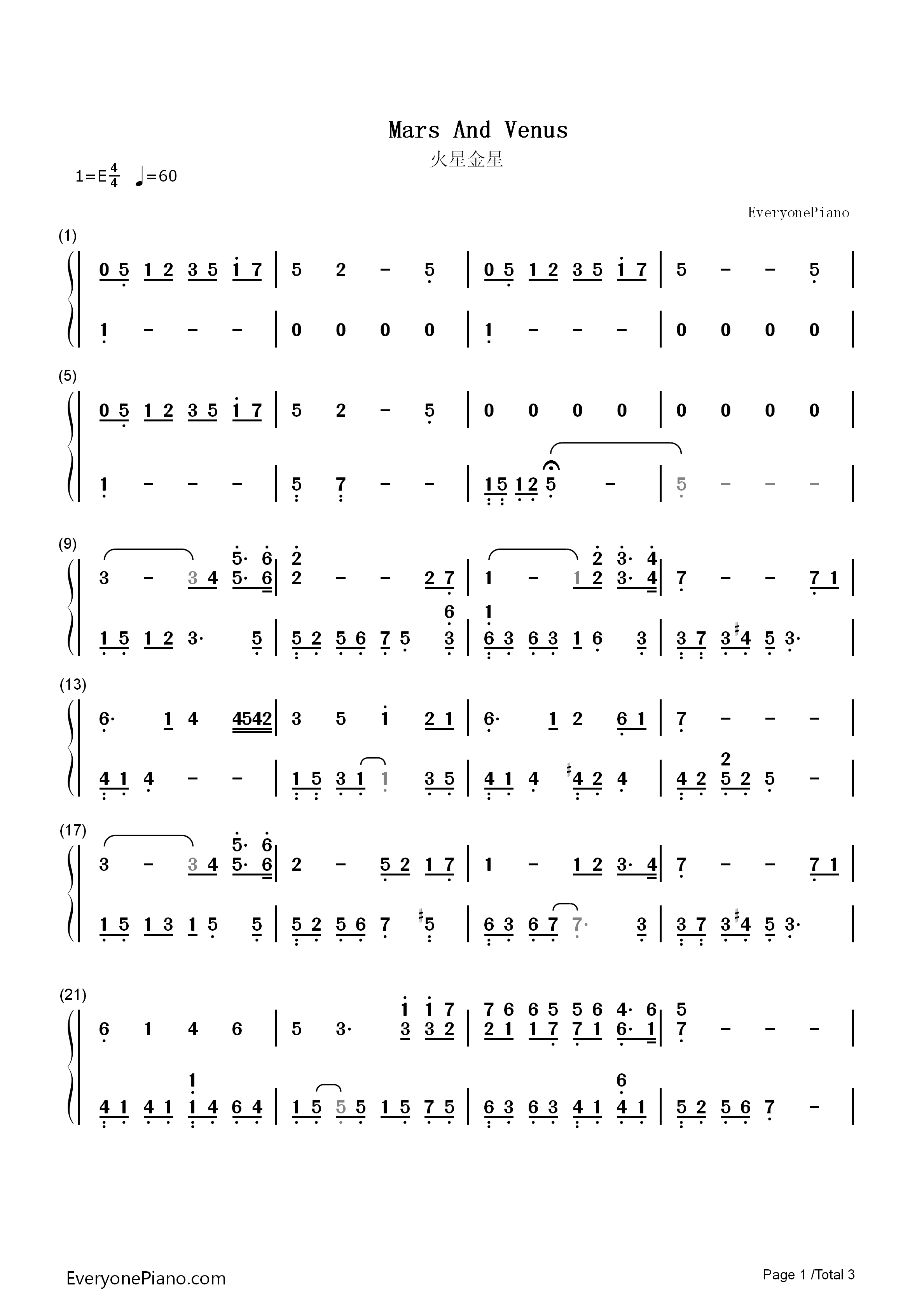 Mars_And_Venus钢琴简谱_班得瑞演唱