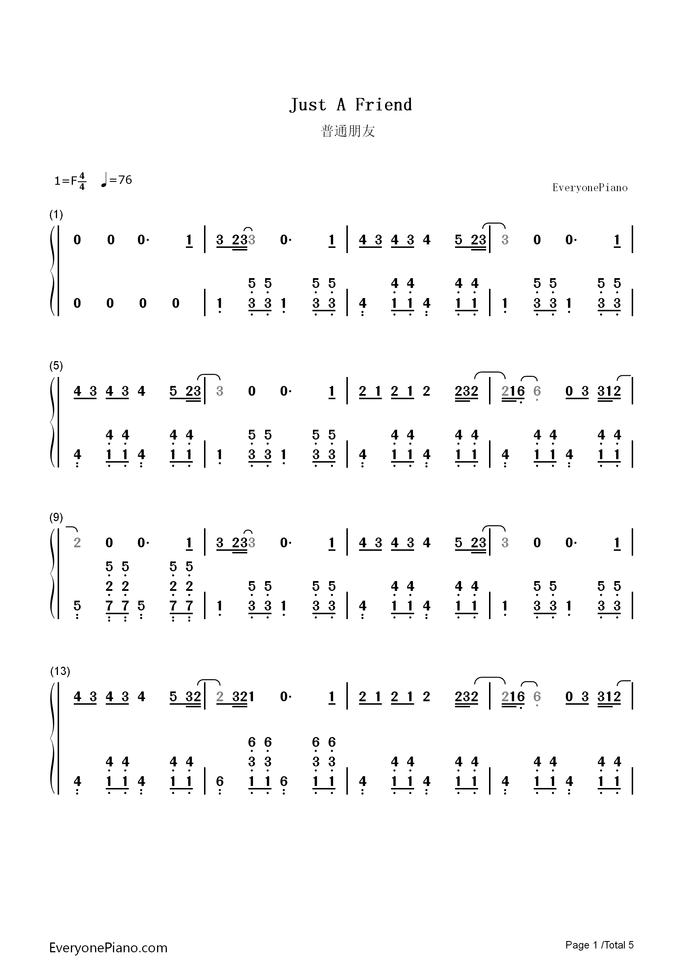 普通朋友钢琴简谱_陶喆演唱