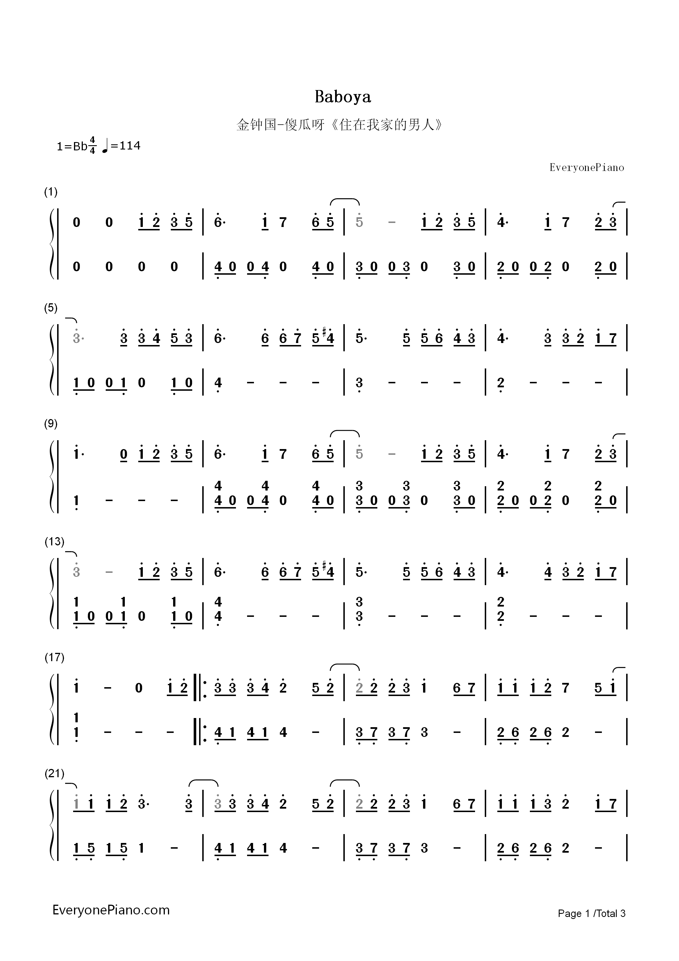 傻瓜呀钢琴简谱_金钟国演唱