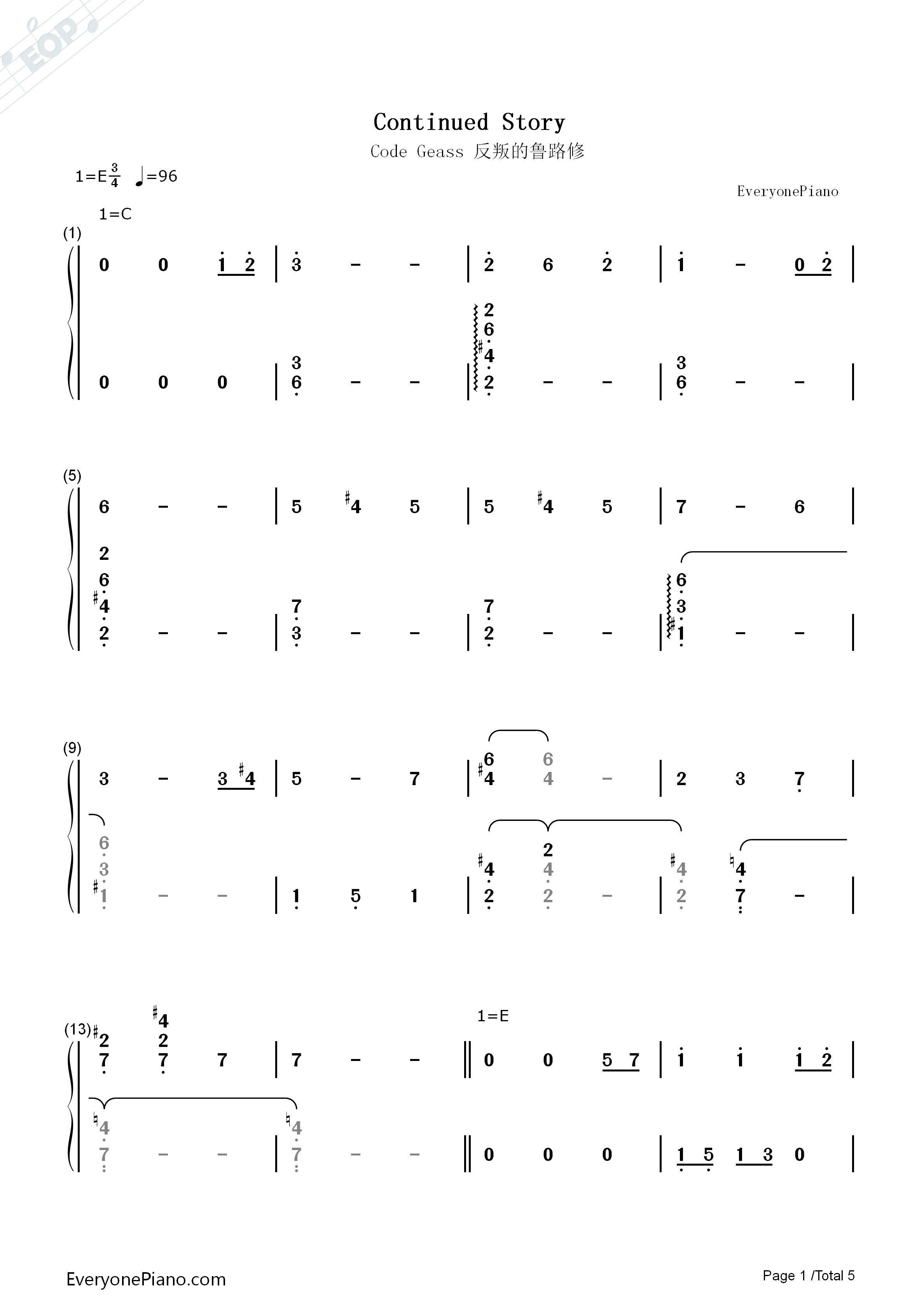 Continued_Story钢琴简谱_Hitomi(黒石ひとみ)演唱