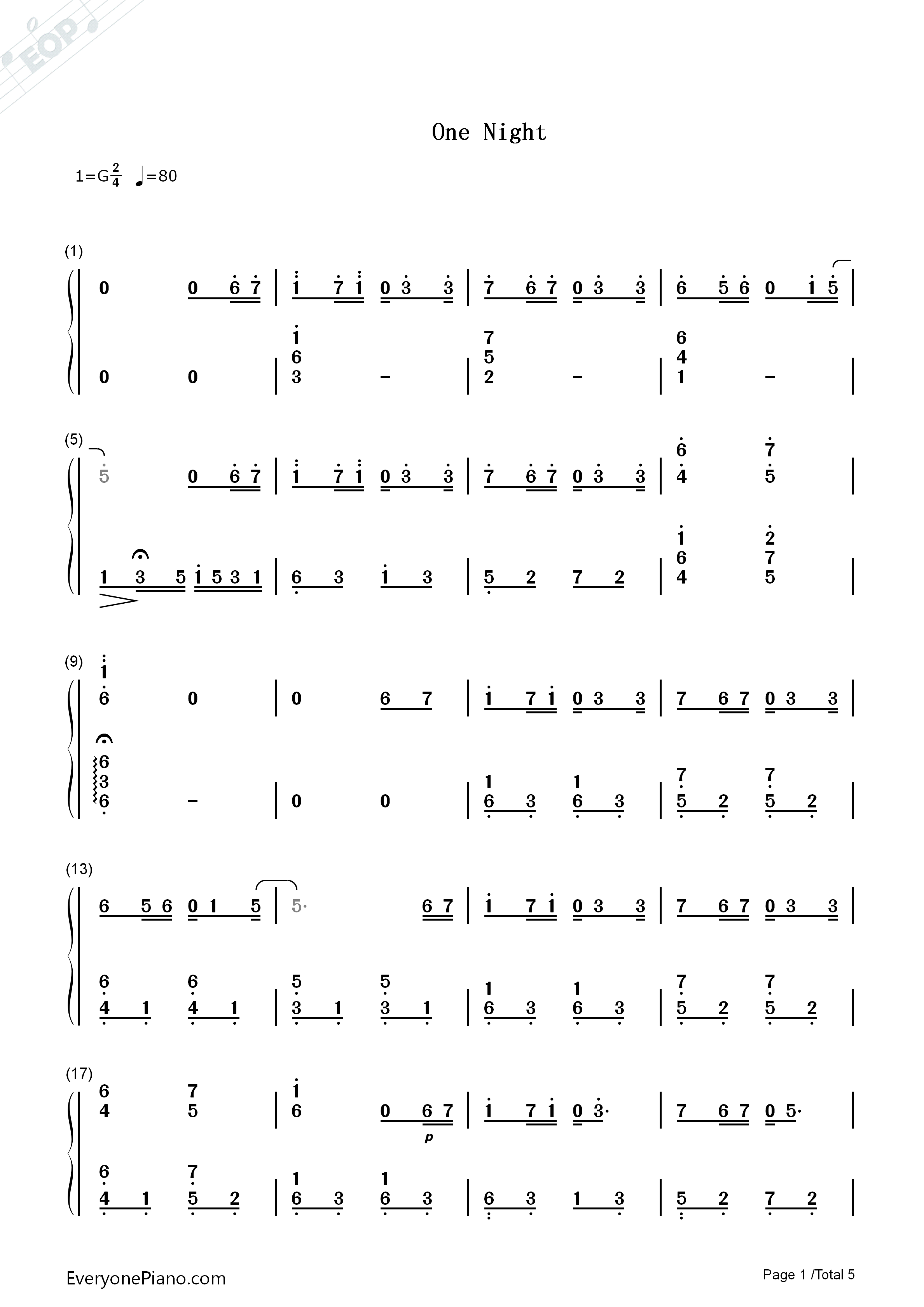 One_Night钢琴简谱_加贺谷_玲演唱