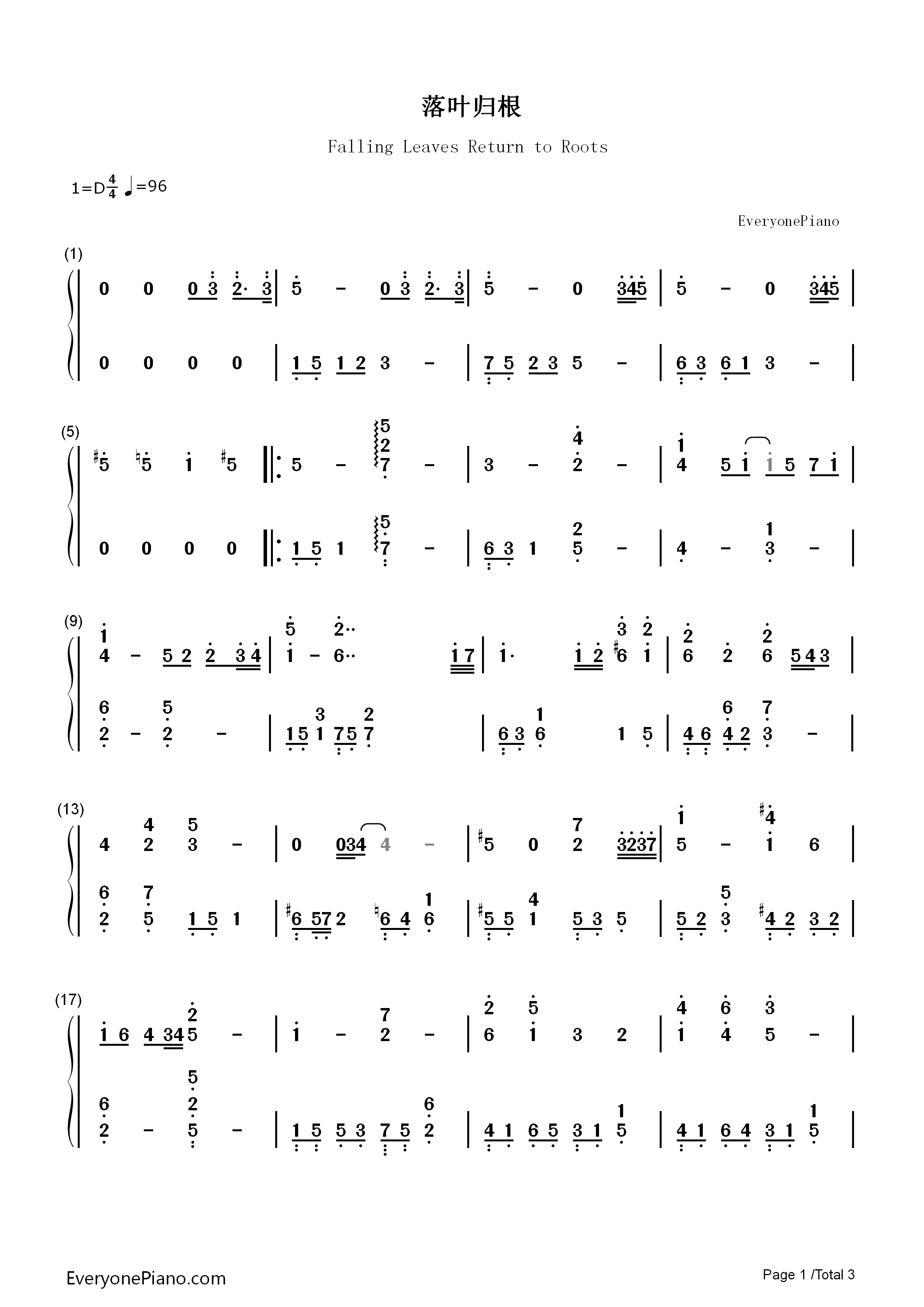 落叶归根（女生版）钢琴简谱_王力宏演唱