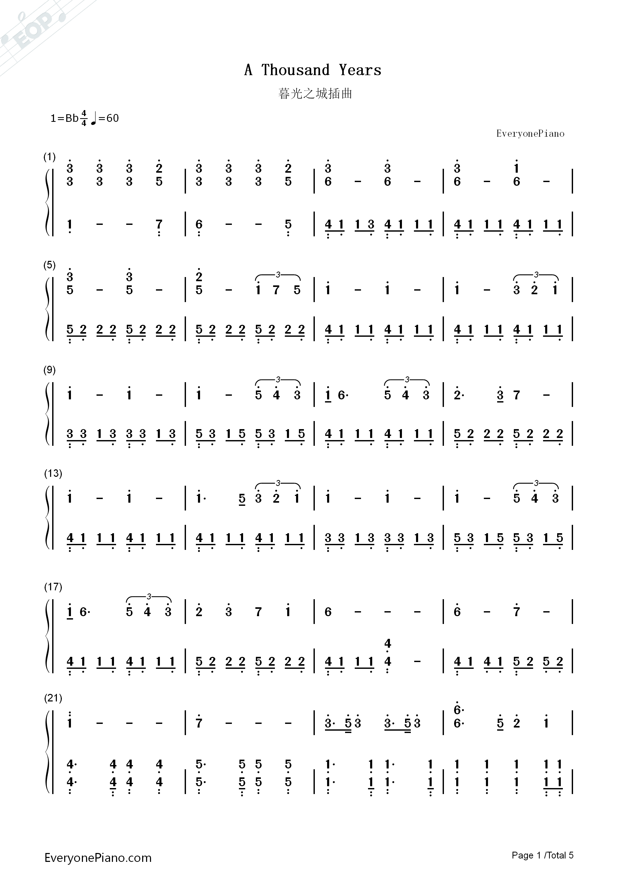 A_Thousand_Years钢琴简谱_Christina_Perri演唱