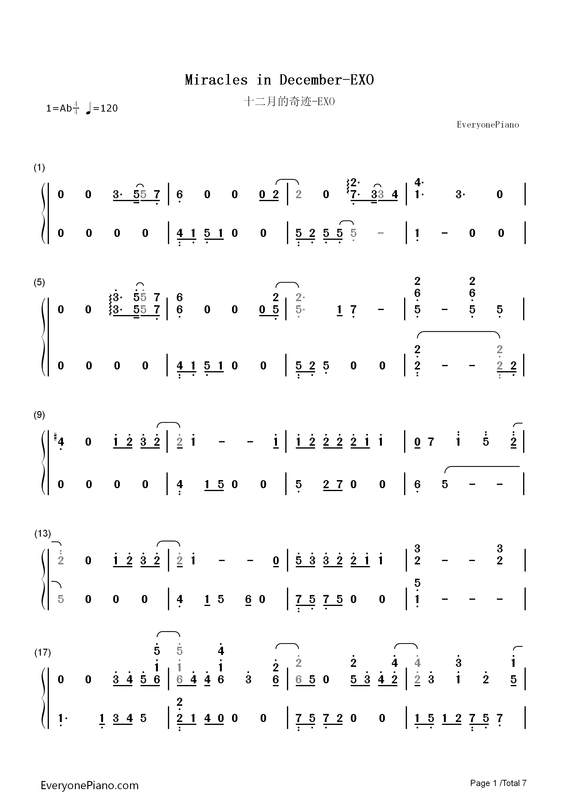 十二月的奇迹(Miracles_in_December)钢琴简谱_EXO演唱