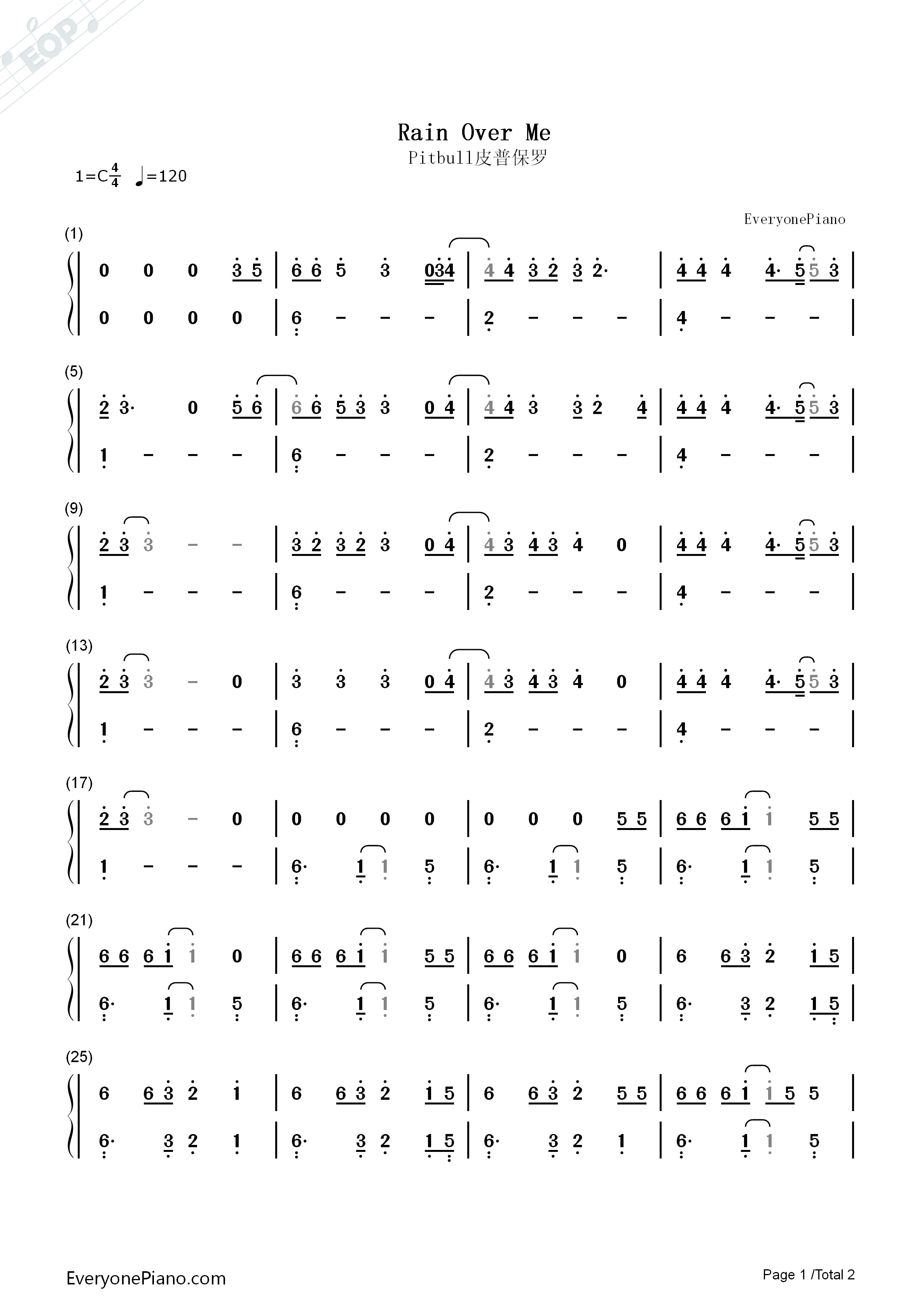 Rain_Over_Me钢琴简谱_Pitbull演唱