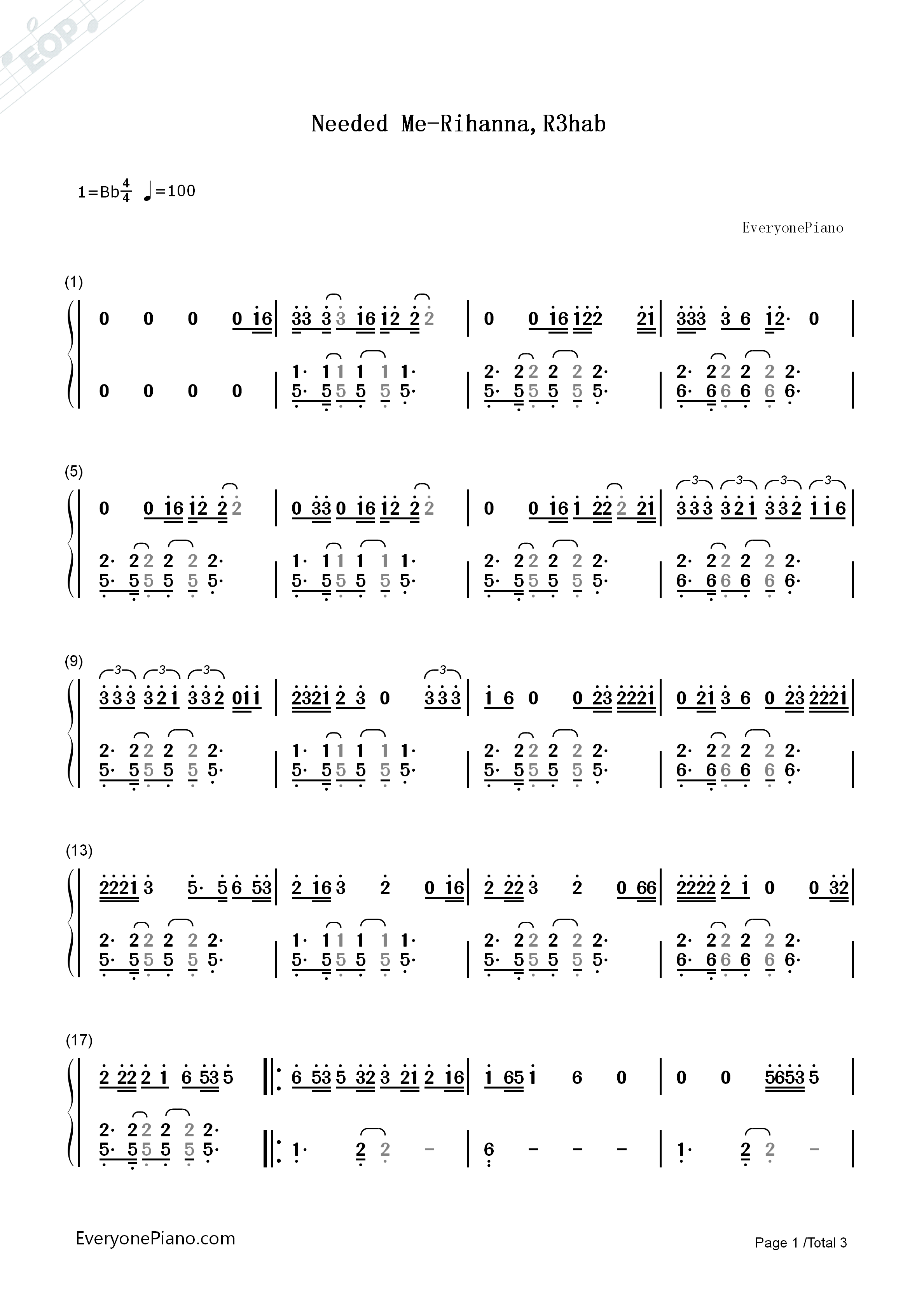 Needed_Me钢琴简谱_Rihanna_R3hab演唱