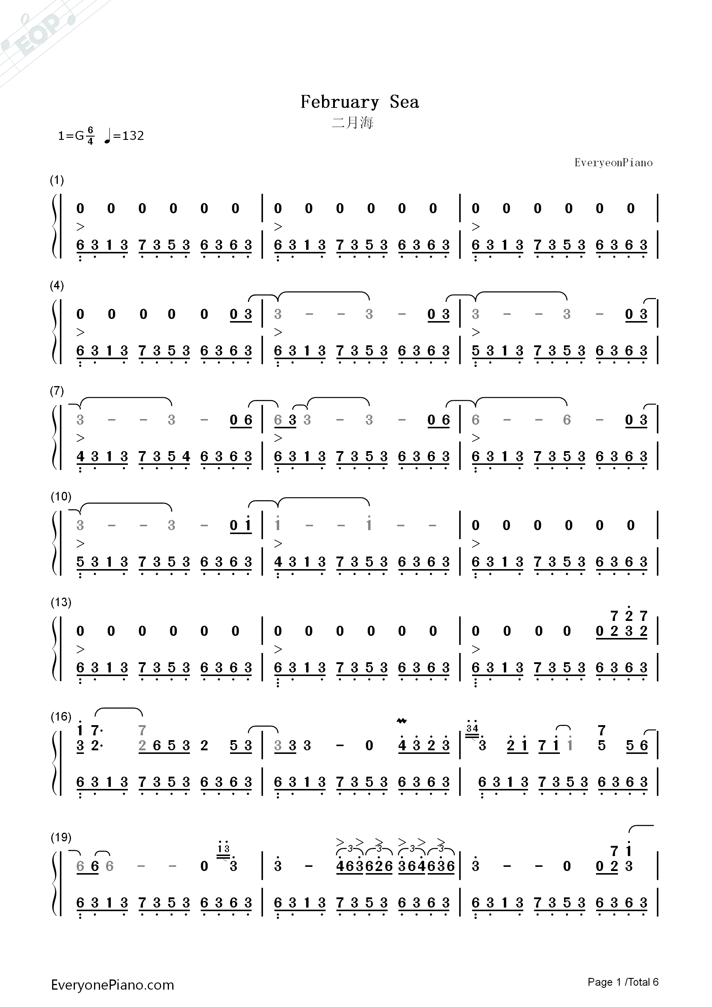 February_Sea二月海钢琴简谱_George_Winston演唱