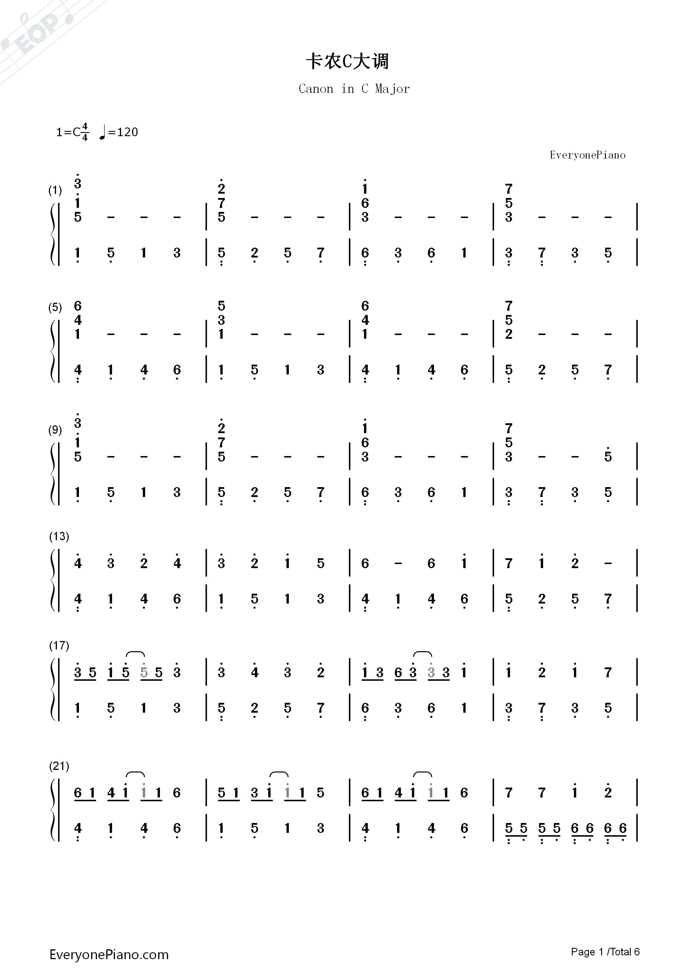 卡农C大调最简版钢琴简谱_帕赫贝尔演唱
