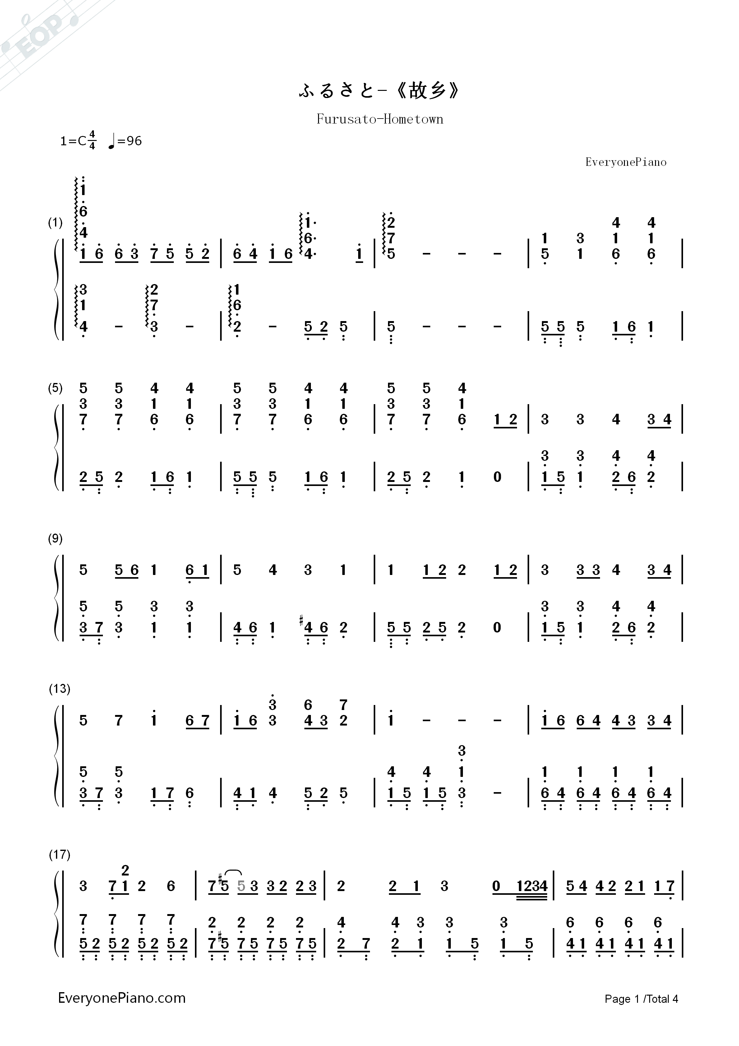 _故乡_钢琴简谱_岚ARASHI演唱